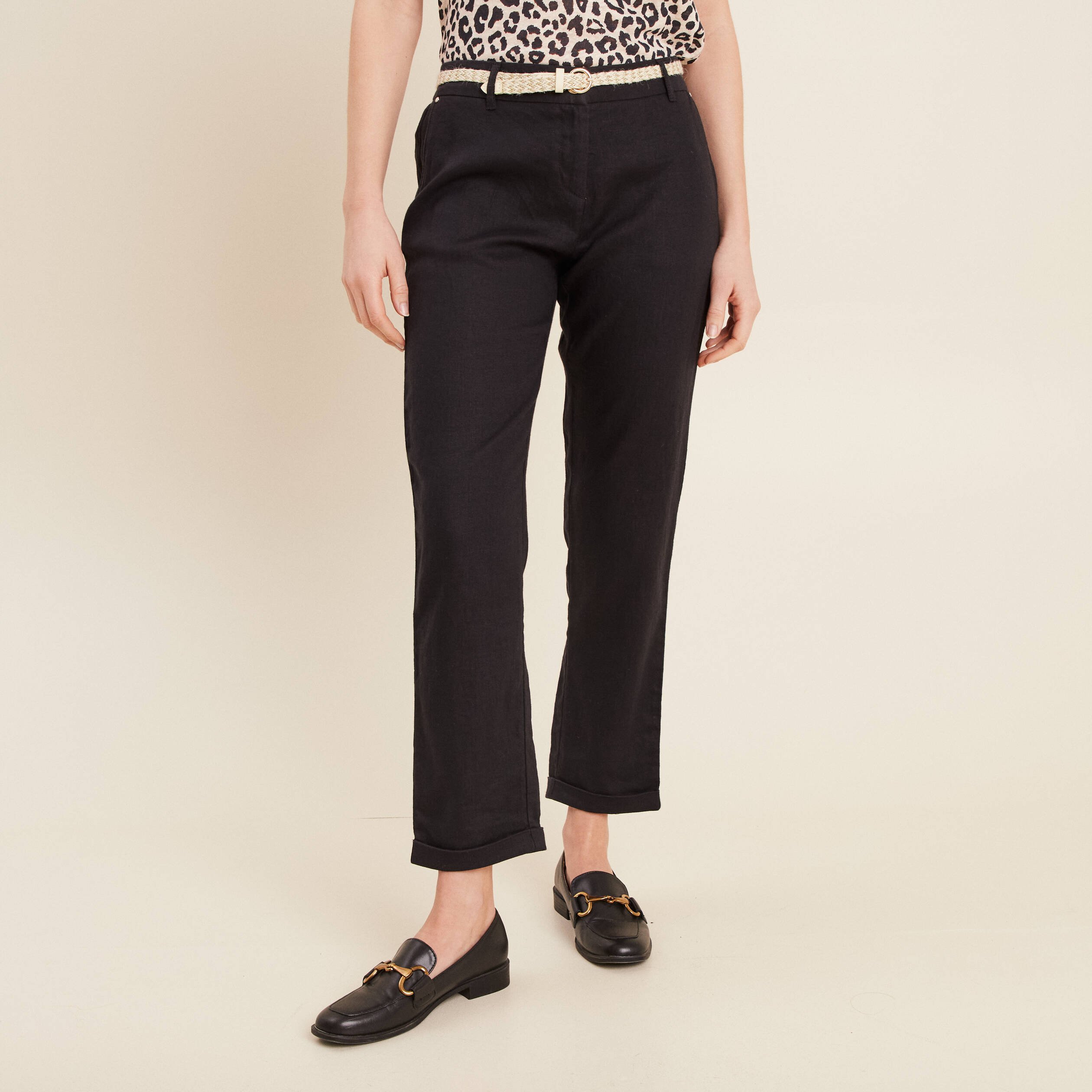 Pantalon flou ceinturé noir femme