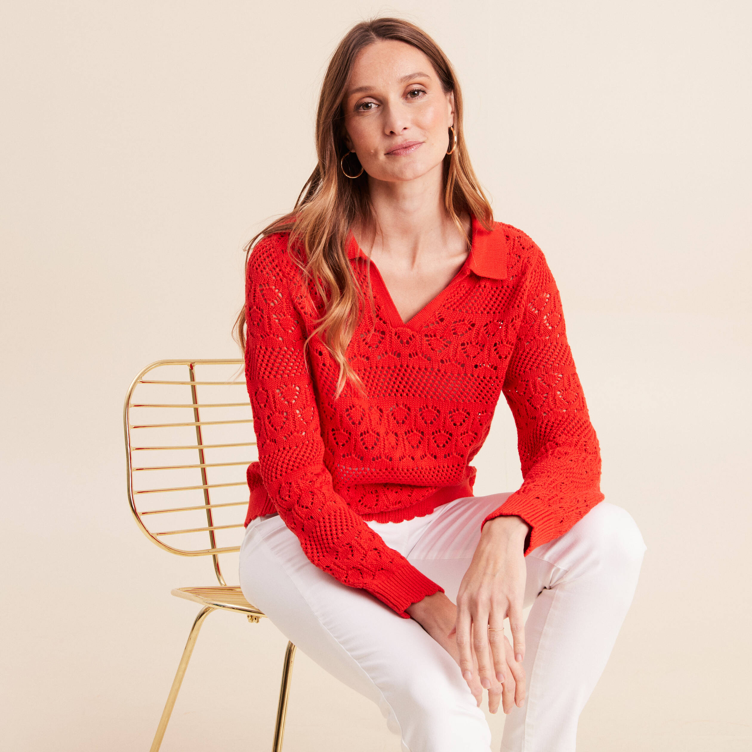 Polo d&eacute;tails ajour&eacute;s orange fonc&eacute; femme
