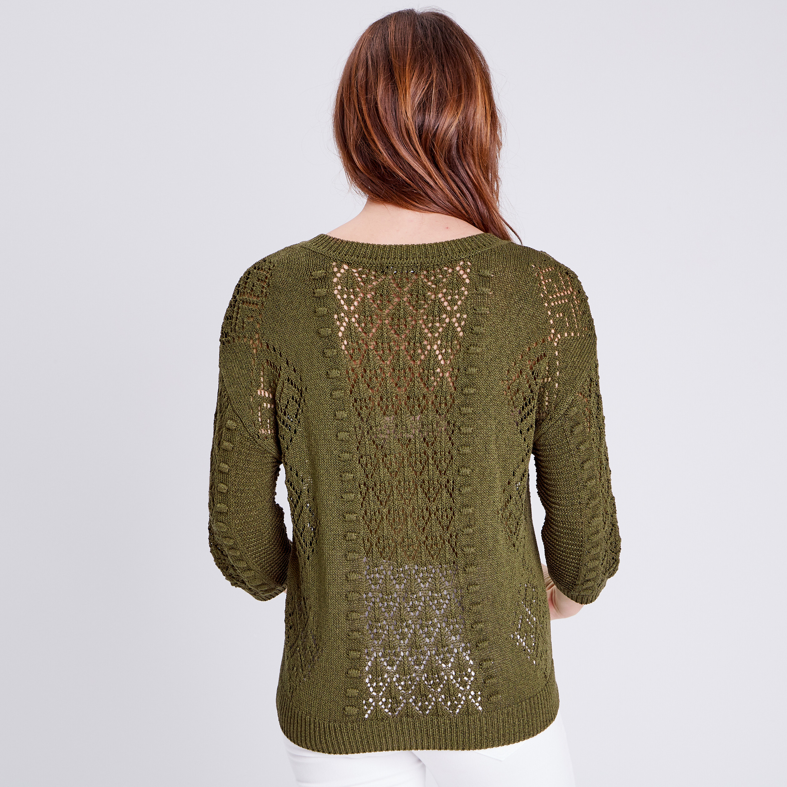 Pull à manches 3/4 vert olive femme