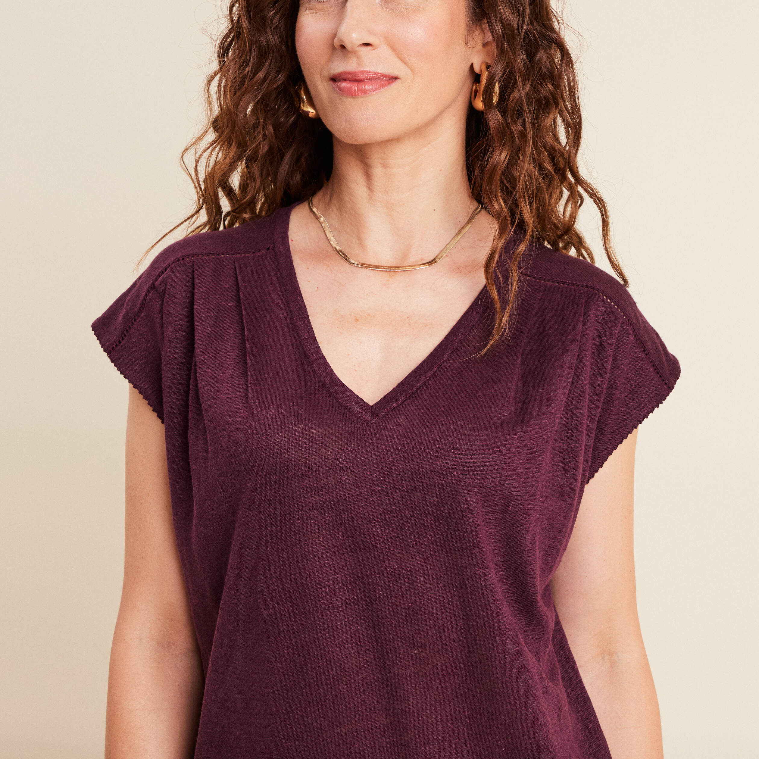 top col v manches courtes en lin prune femme Top col v manches courtes en lin prune femme