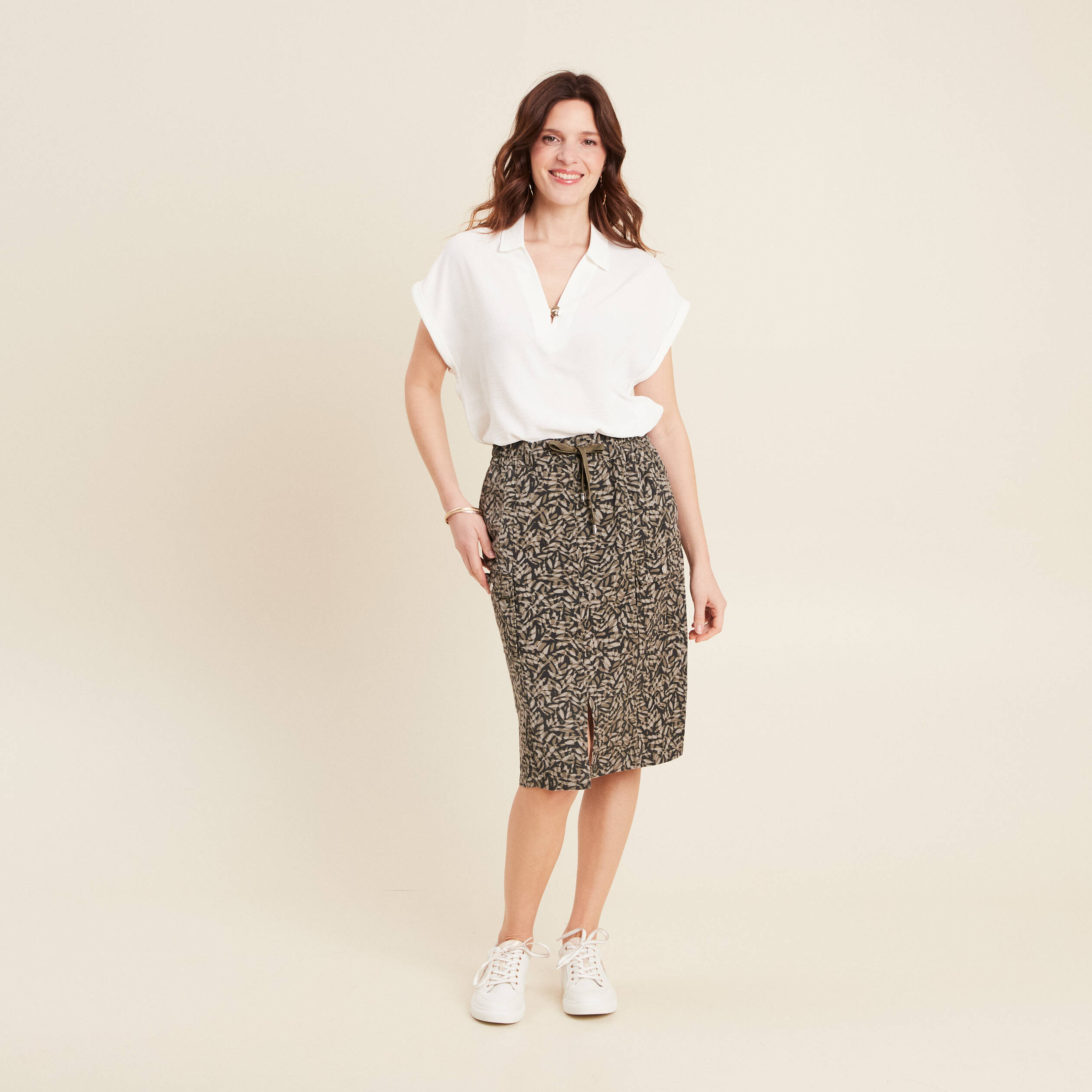 Jupe droite à coulisse vert kaki femme