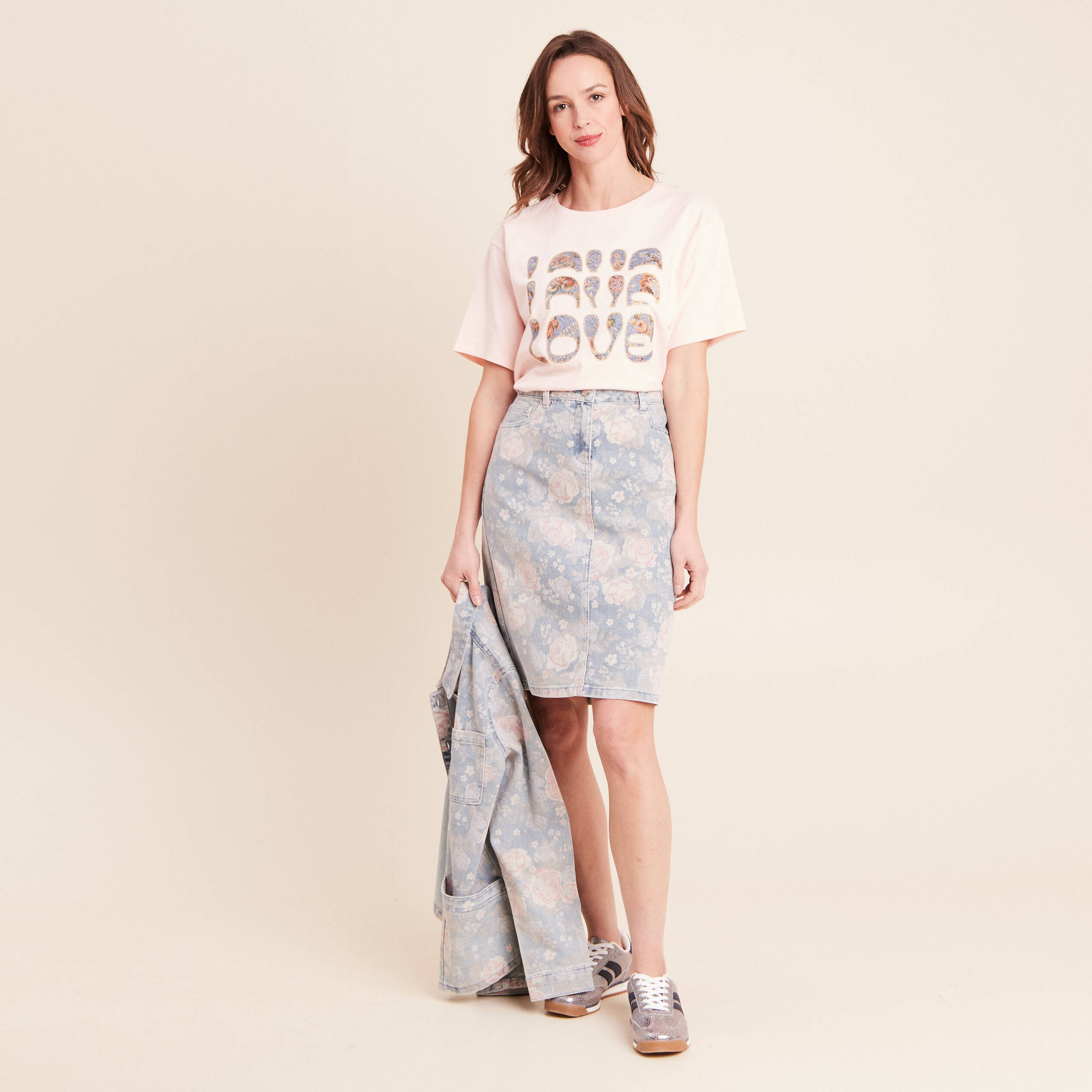 T-shirt col rond manches courtes rose clair femme