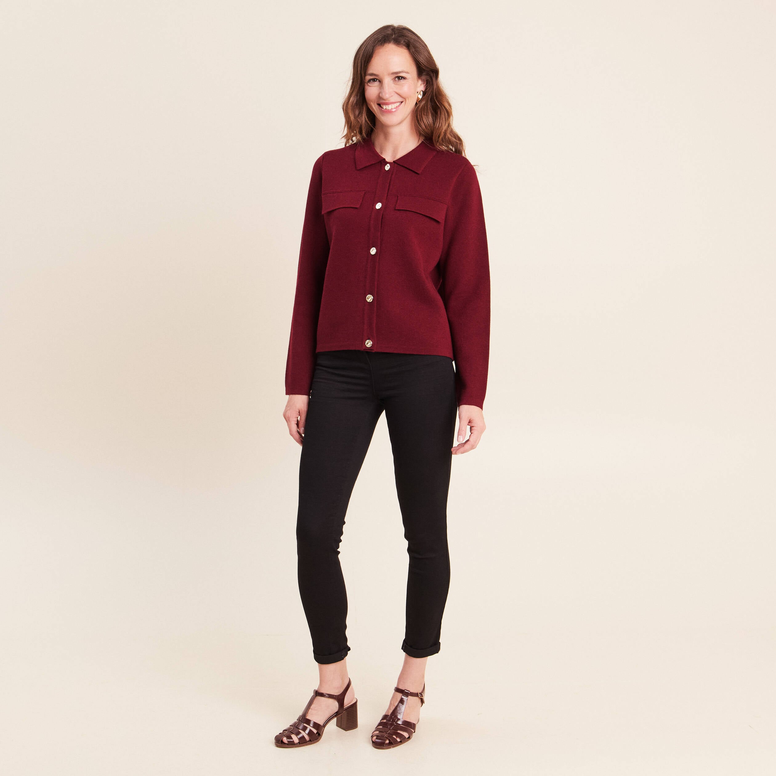 Veste col chemise manches longues bordeaux femme
