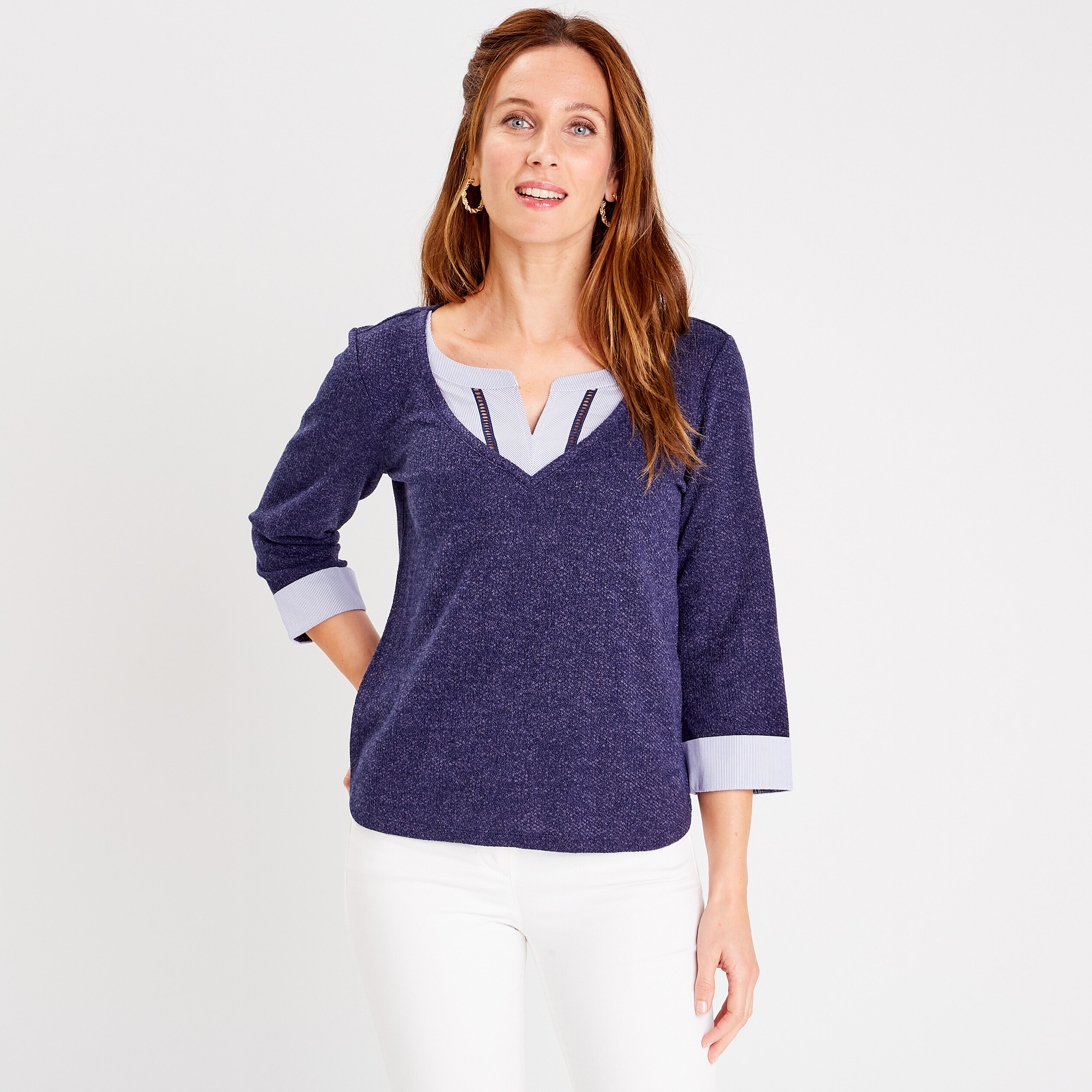 T-shirt manches 3/4 bleu marine femme