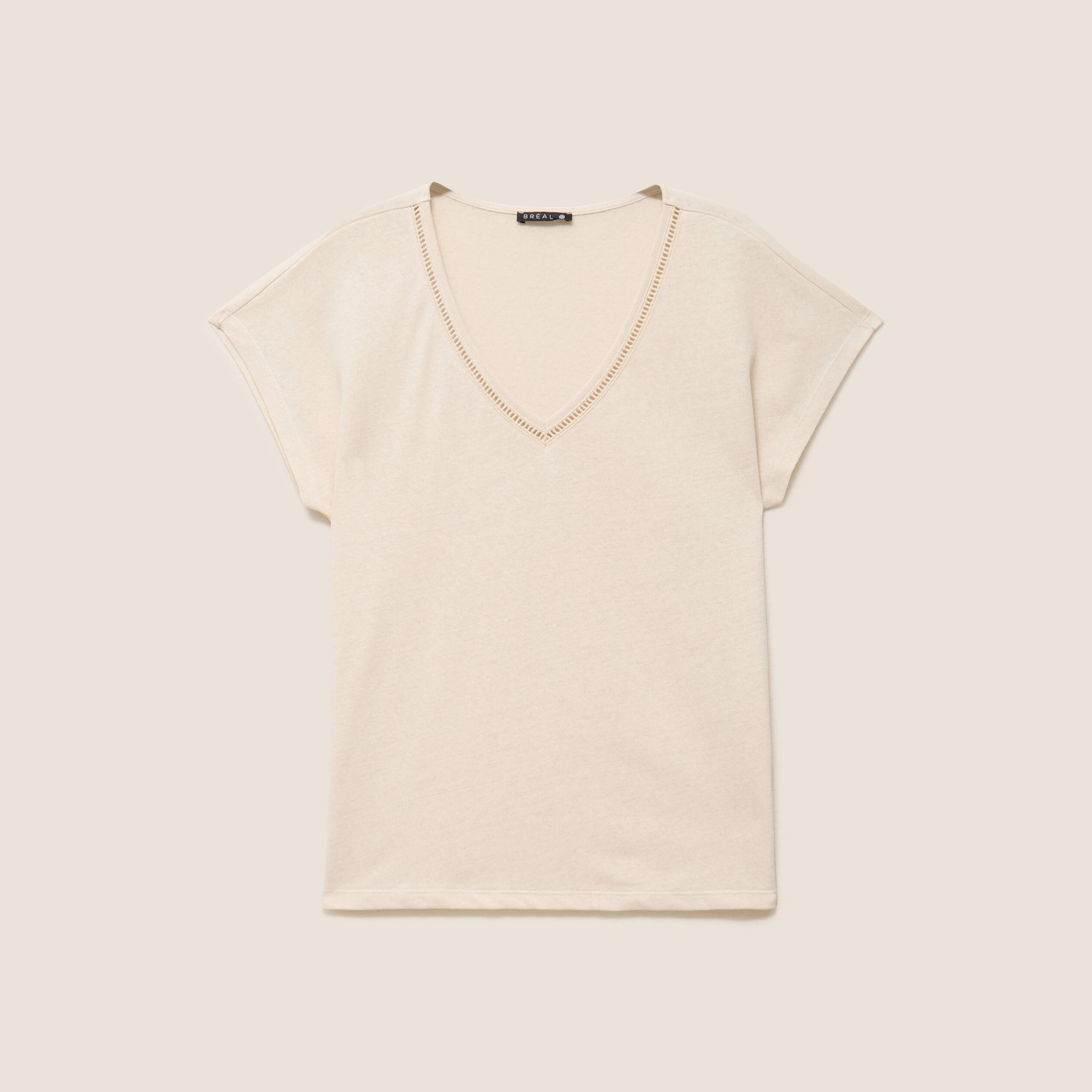 T-shirt col v manches courtes aspect lin beige femme