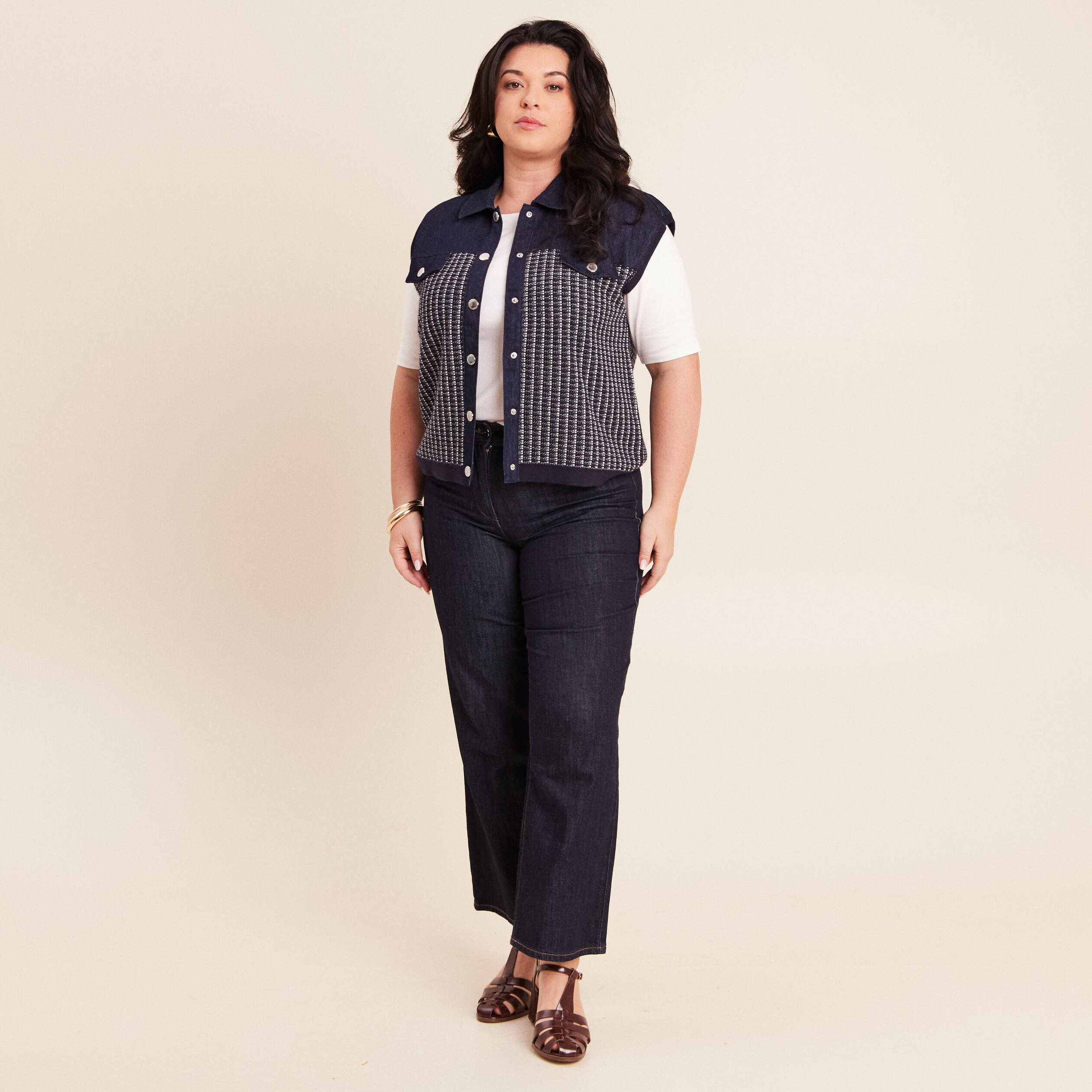 Veste sans manches col chemise bleu marine femme