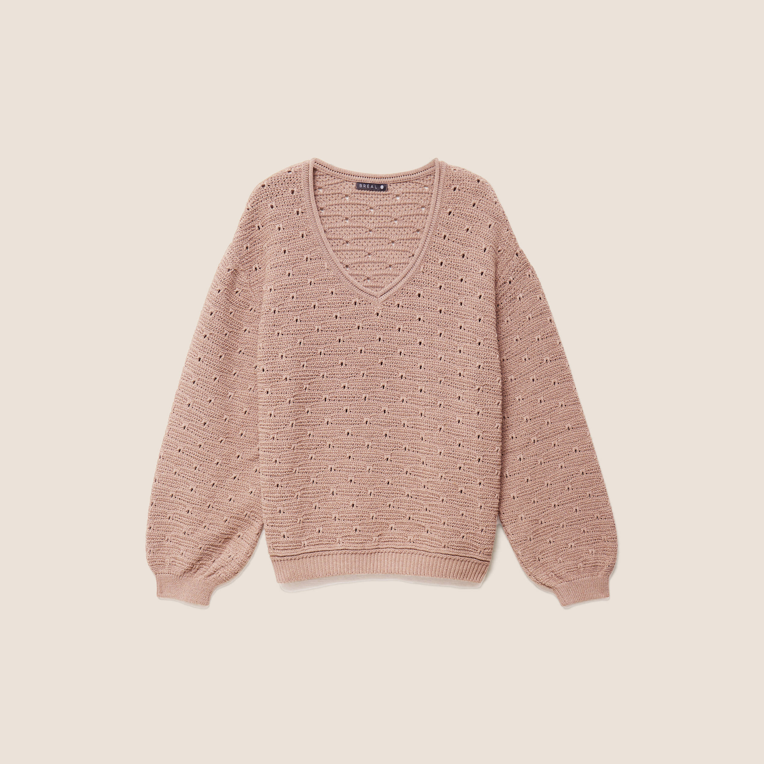 Pull droit long col v manches longues sable femme