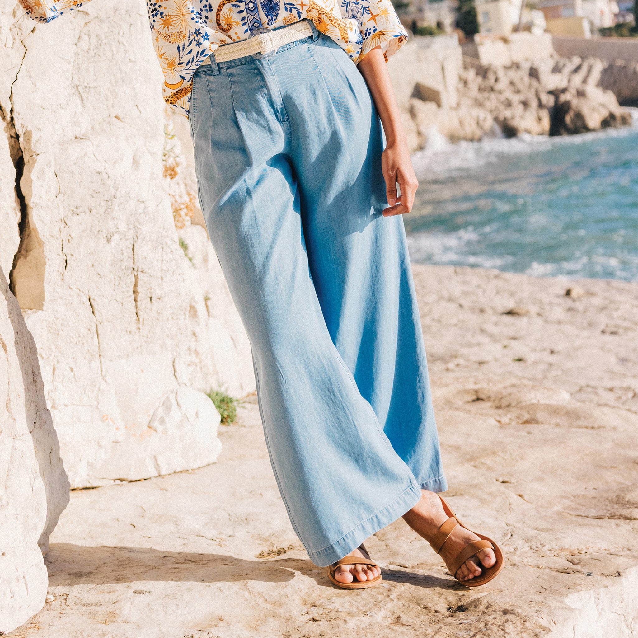 Pantalon large taille haute denim double stone femme