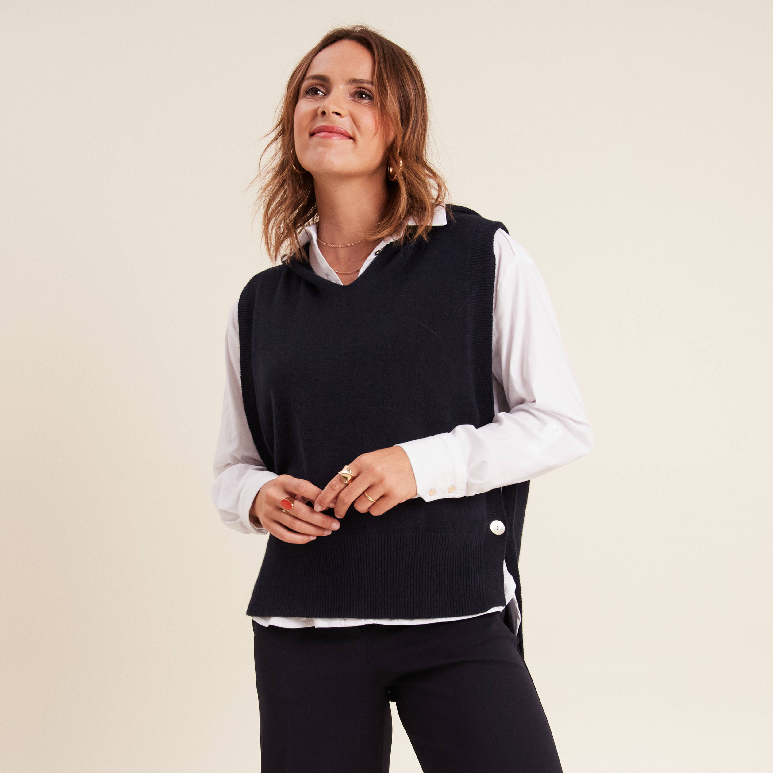 Pull sans manches à capuche bleu foncé femme