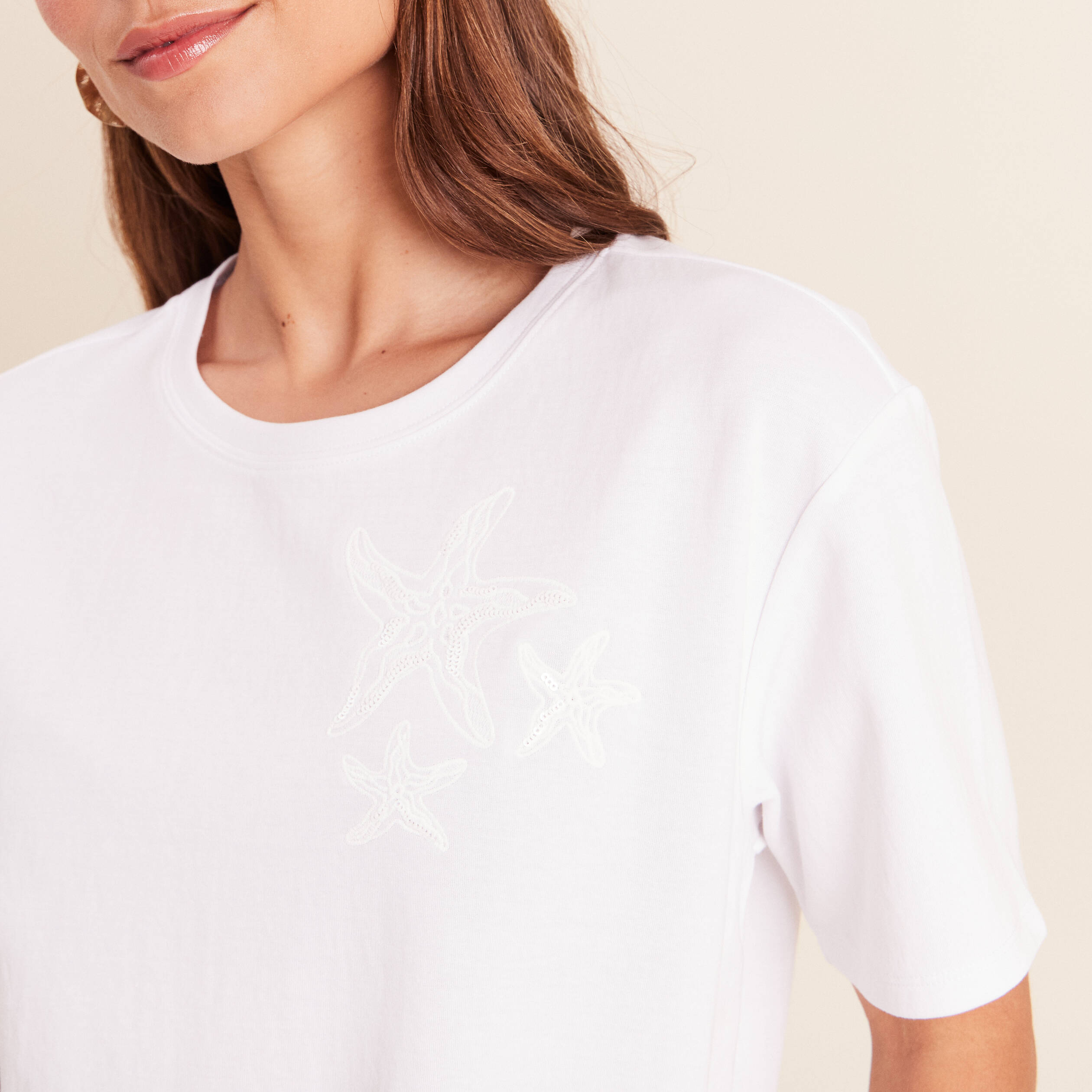 T-shirt col rond manches courtes sequins blanc femme