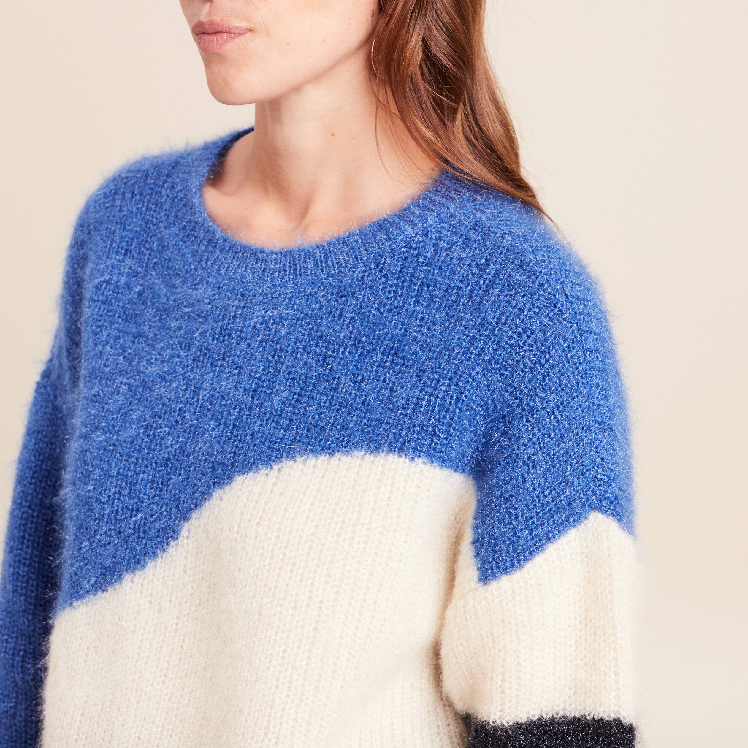 Pull col rond manches longues ecru femme
