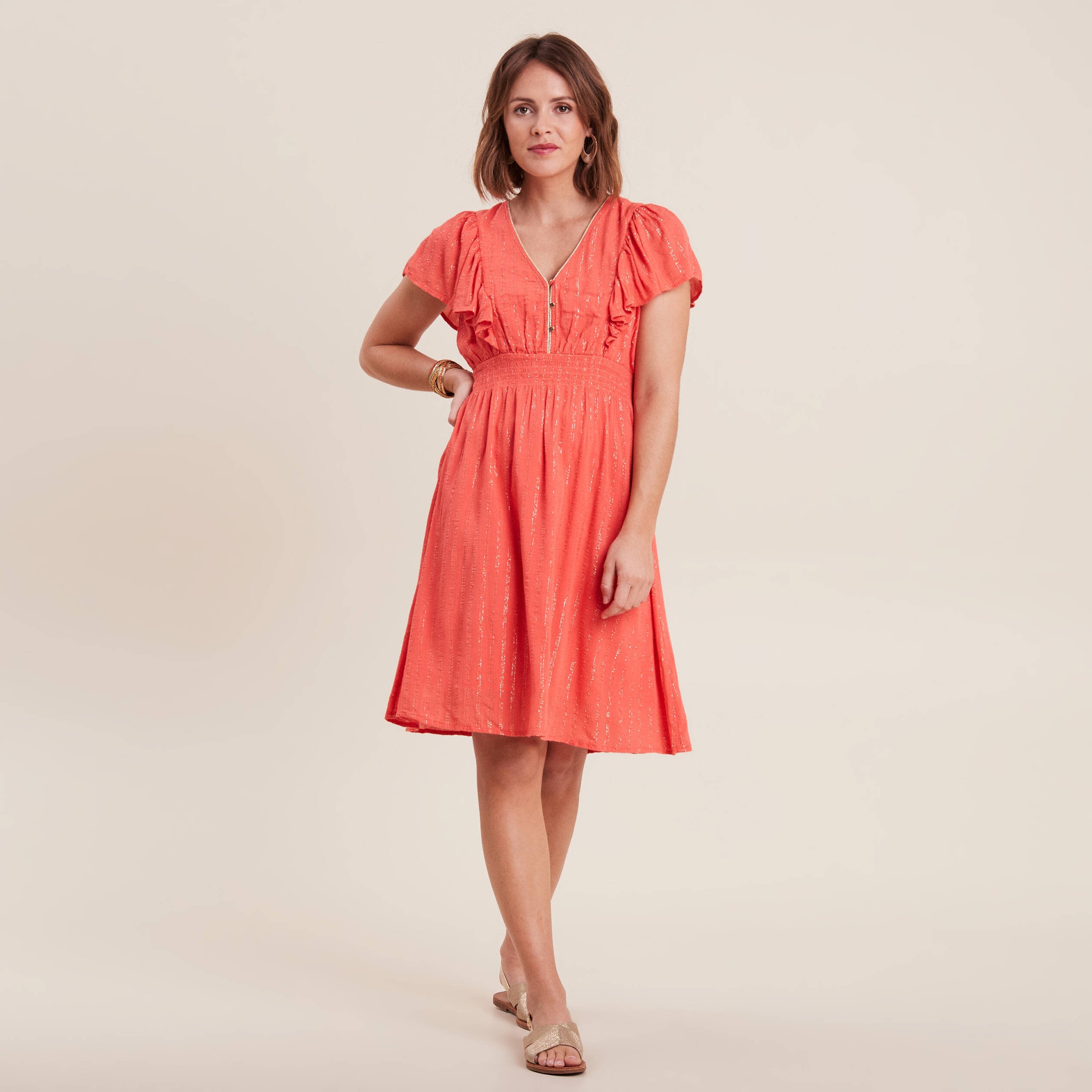 Robe droite fluide smockee orange clair femme Breal