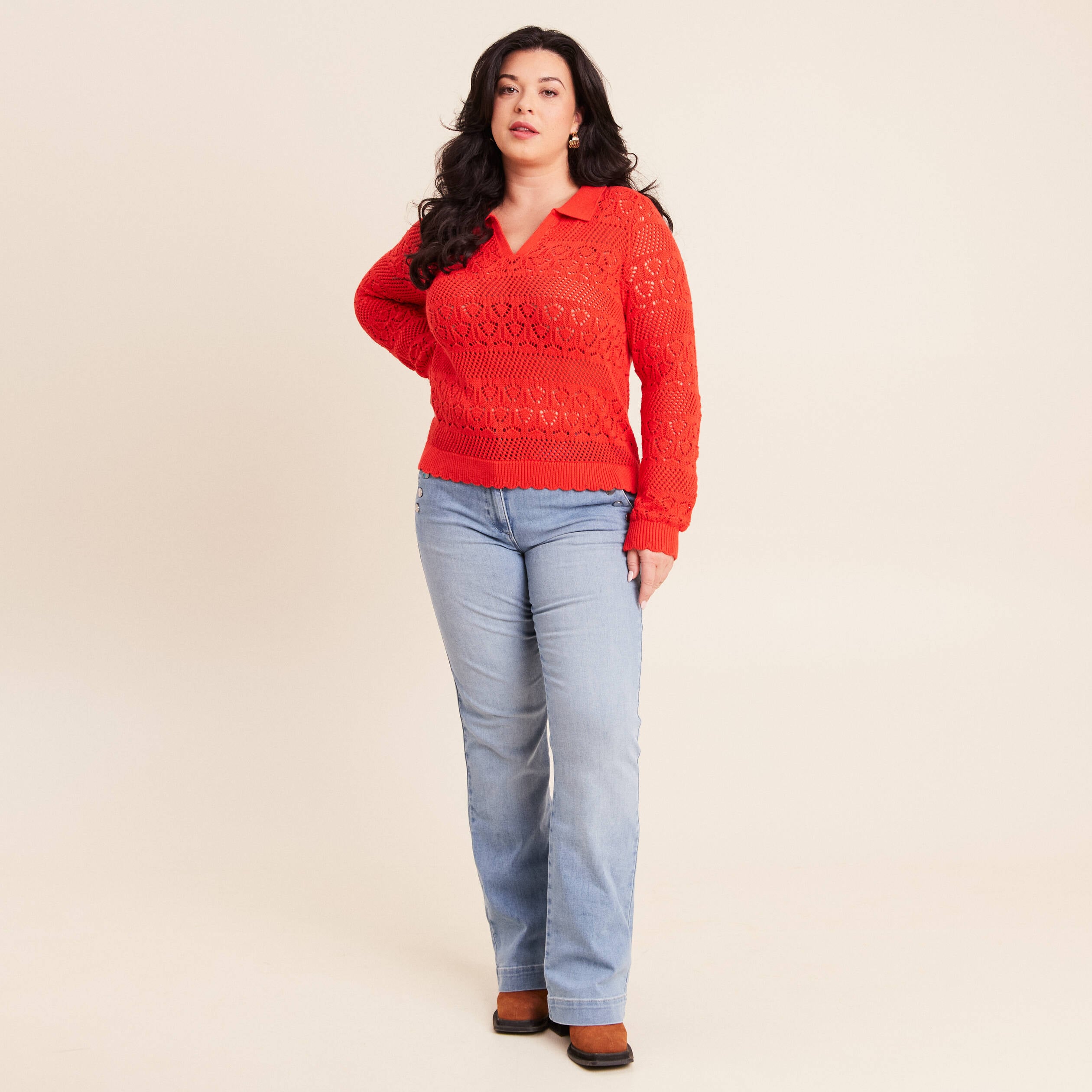 Polo d&eacute;tails ajour&eacute;s orange fonc&eacute; femme
