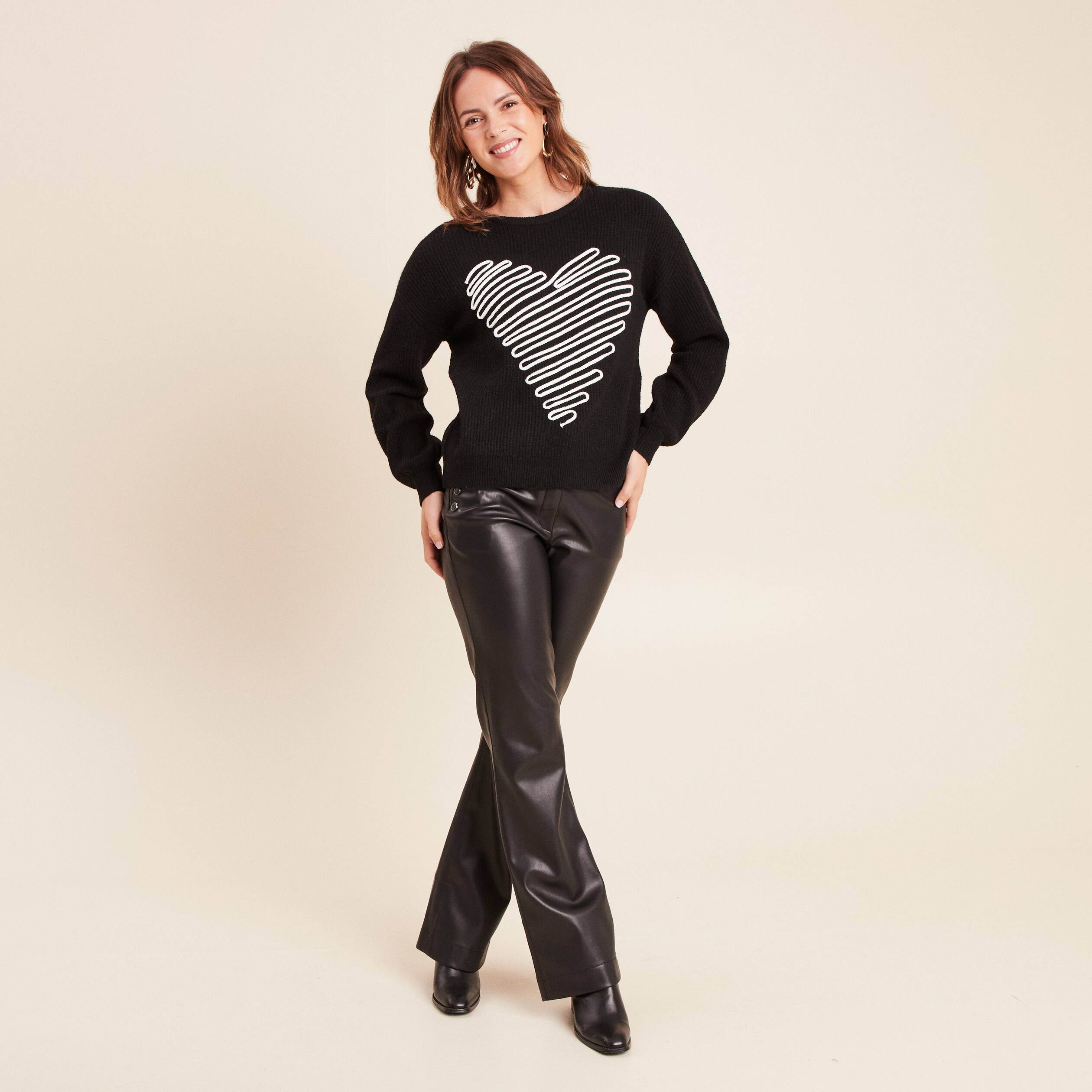 Pull col rond manches longues noir femme