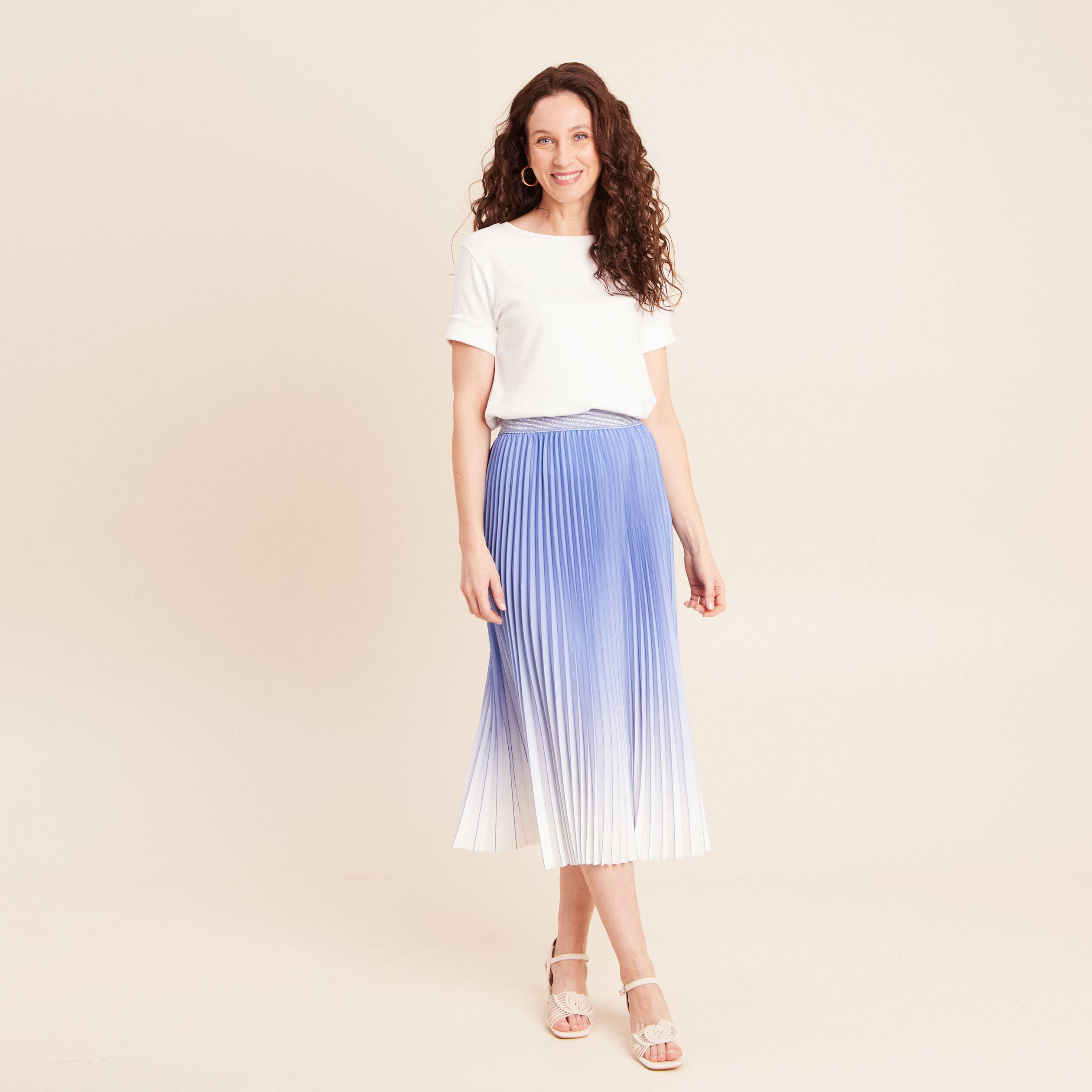 Jupe midi patineuse pliss&eacute;e bleu femme