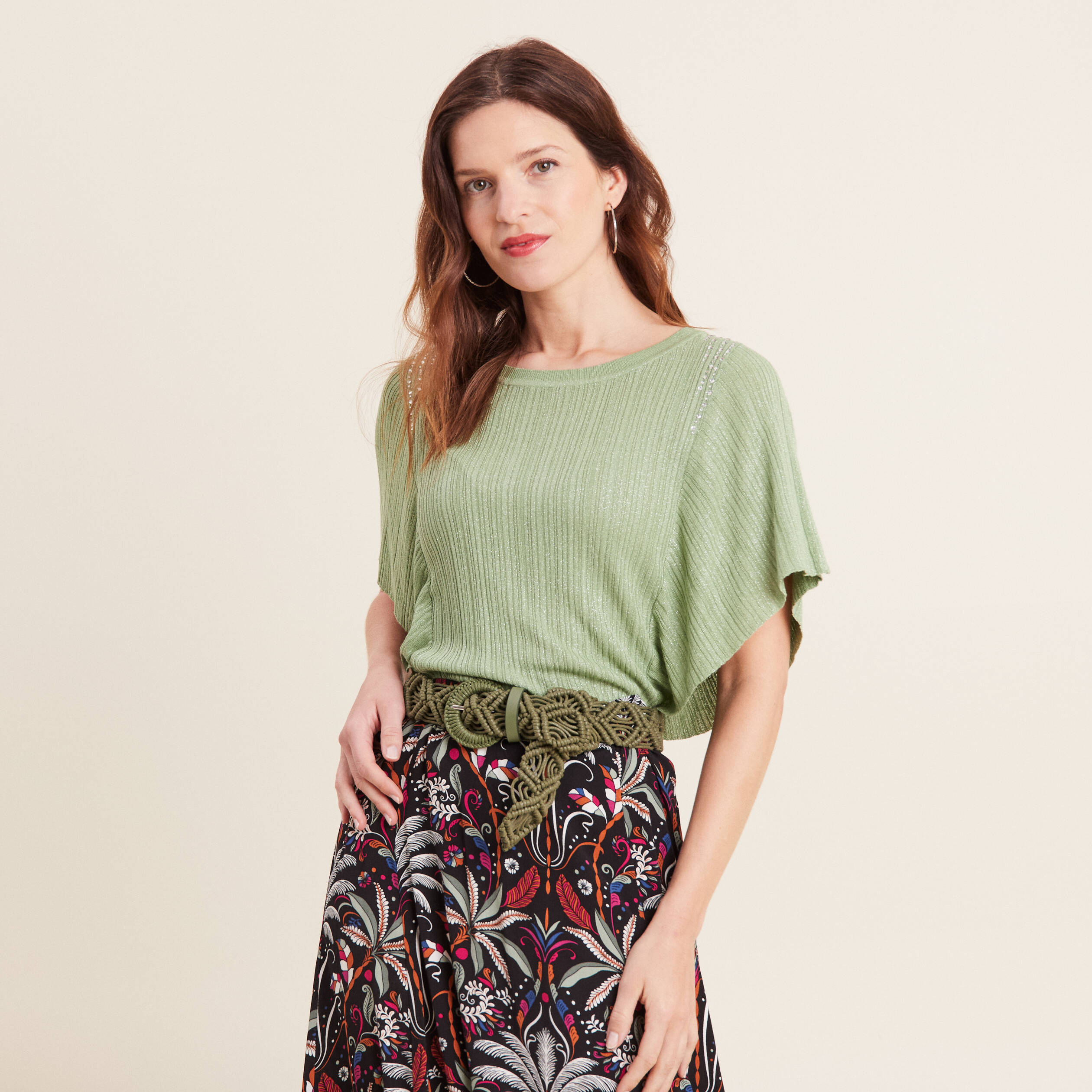Pull manches courtes papillons vert émeraude femme