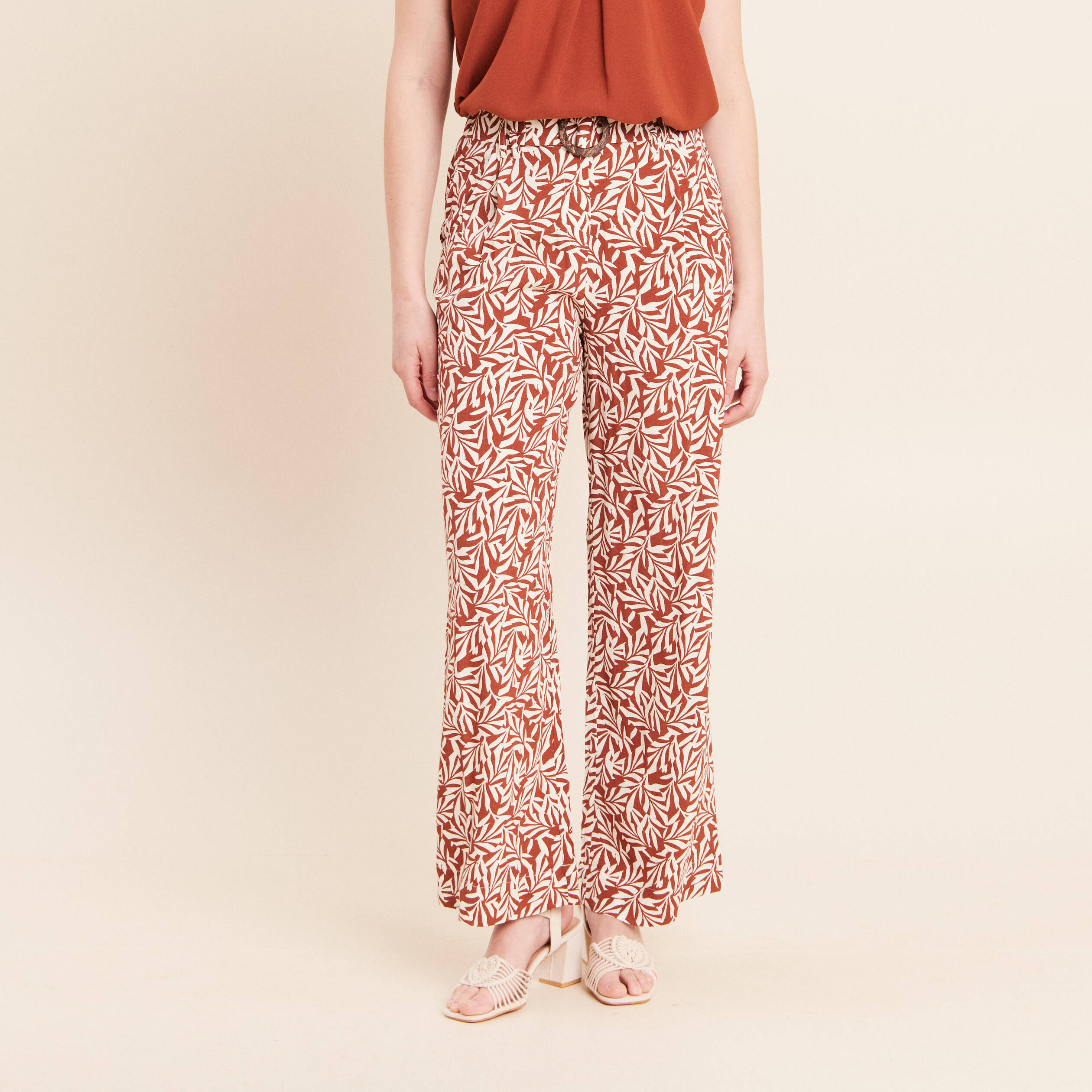 Pantalon large taille haute orange femme
