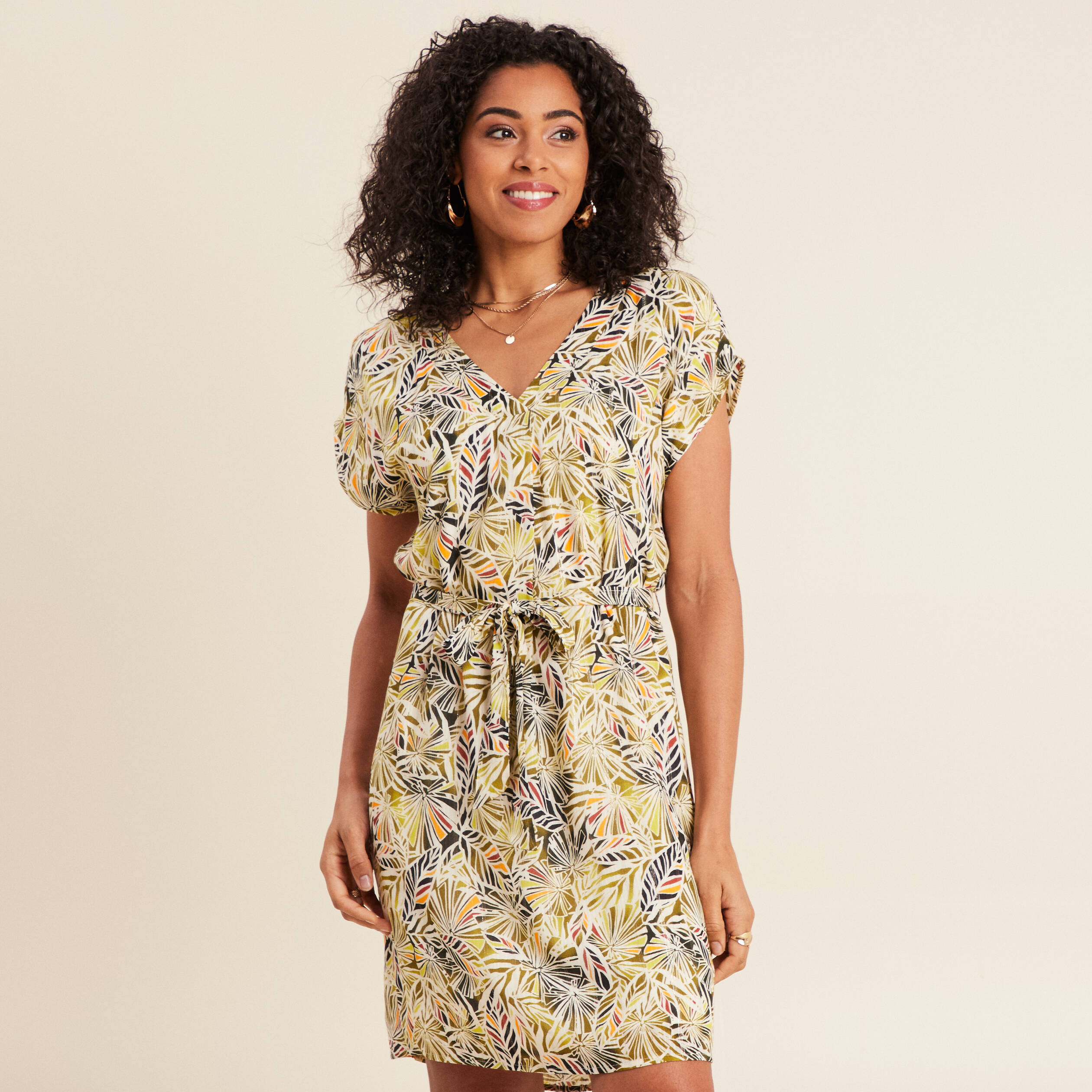 Robe droite fluide col en V vert femme