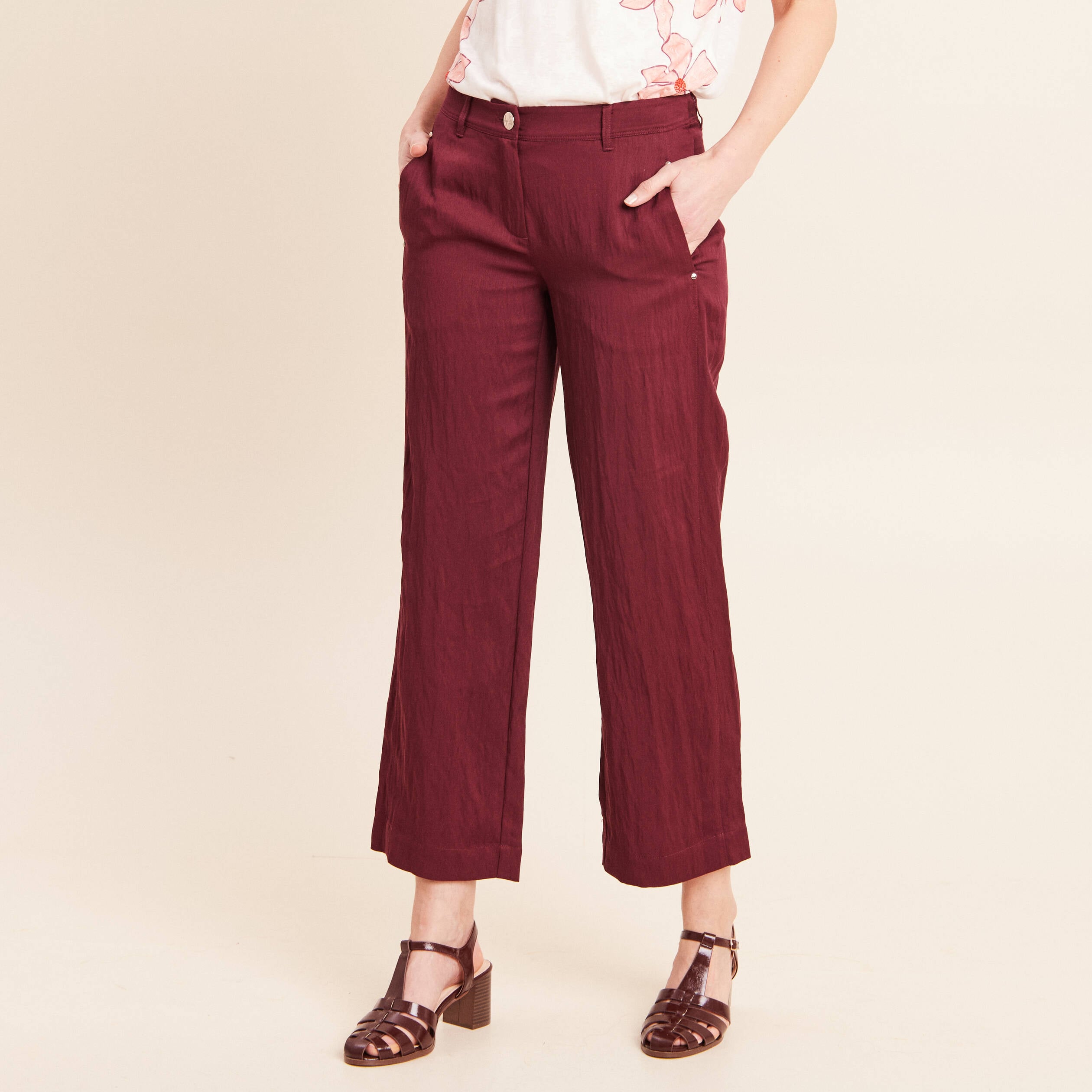 Pantalon large 7/8&egrave;me ceintur&eacute; prune femme