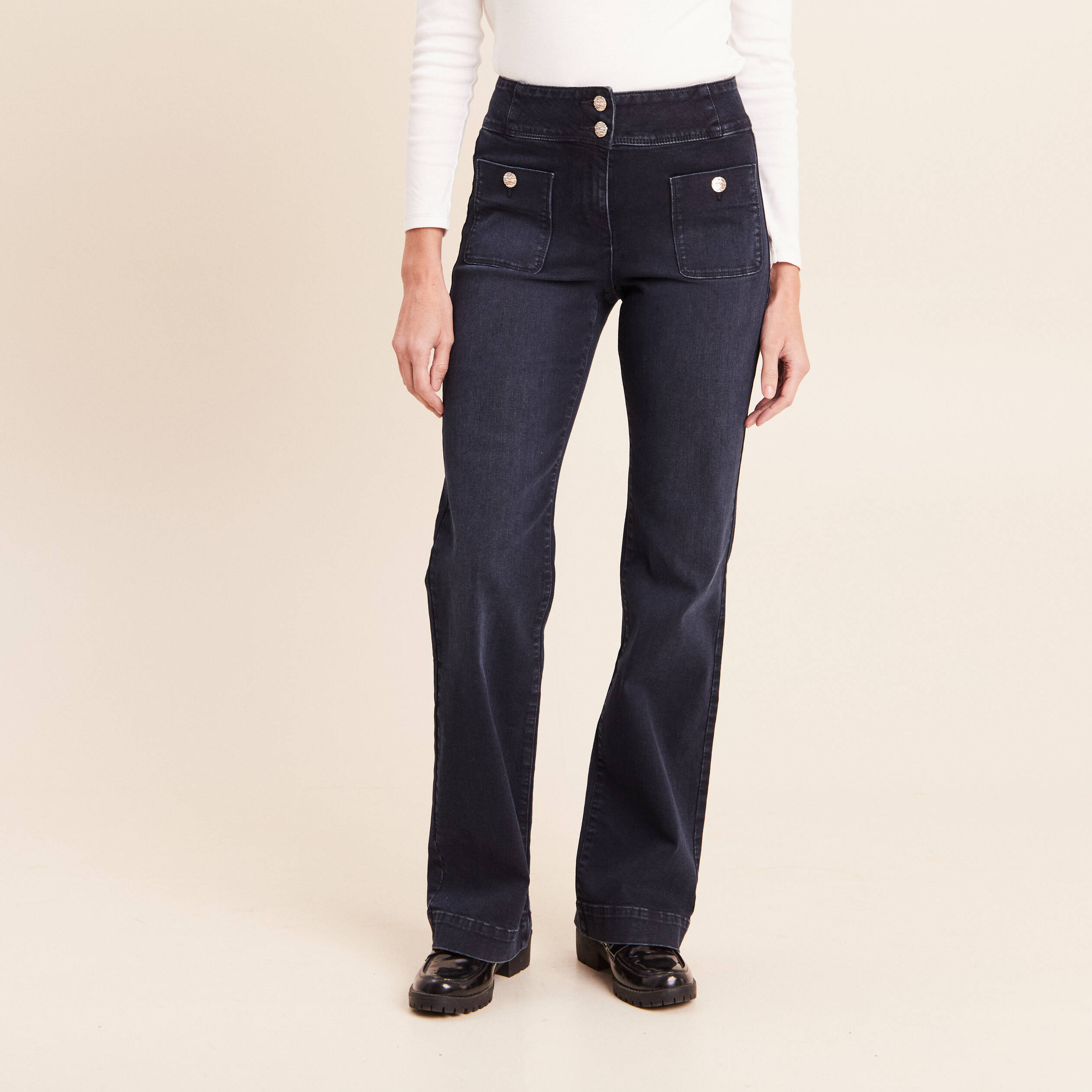 Jean coupe bootcut taille haute denim blue black femme