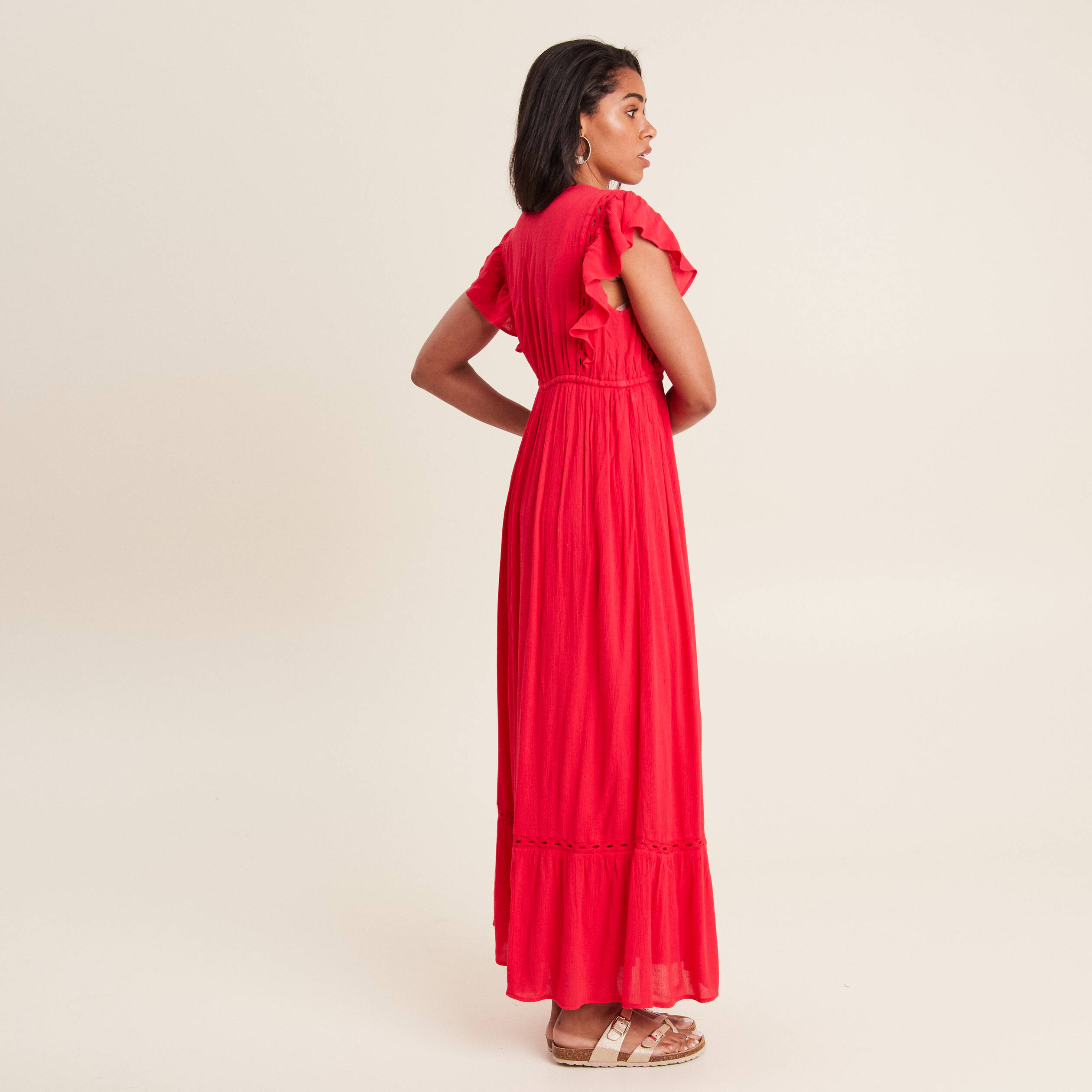 Robe longue évasée à volants rouge femme