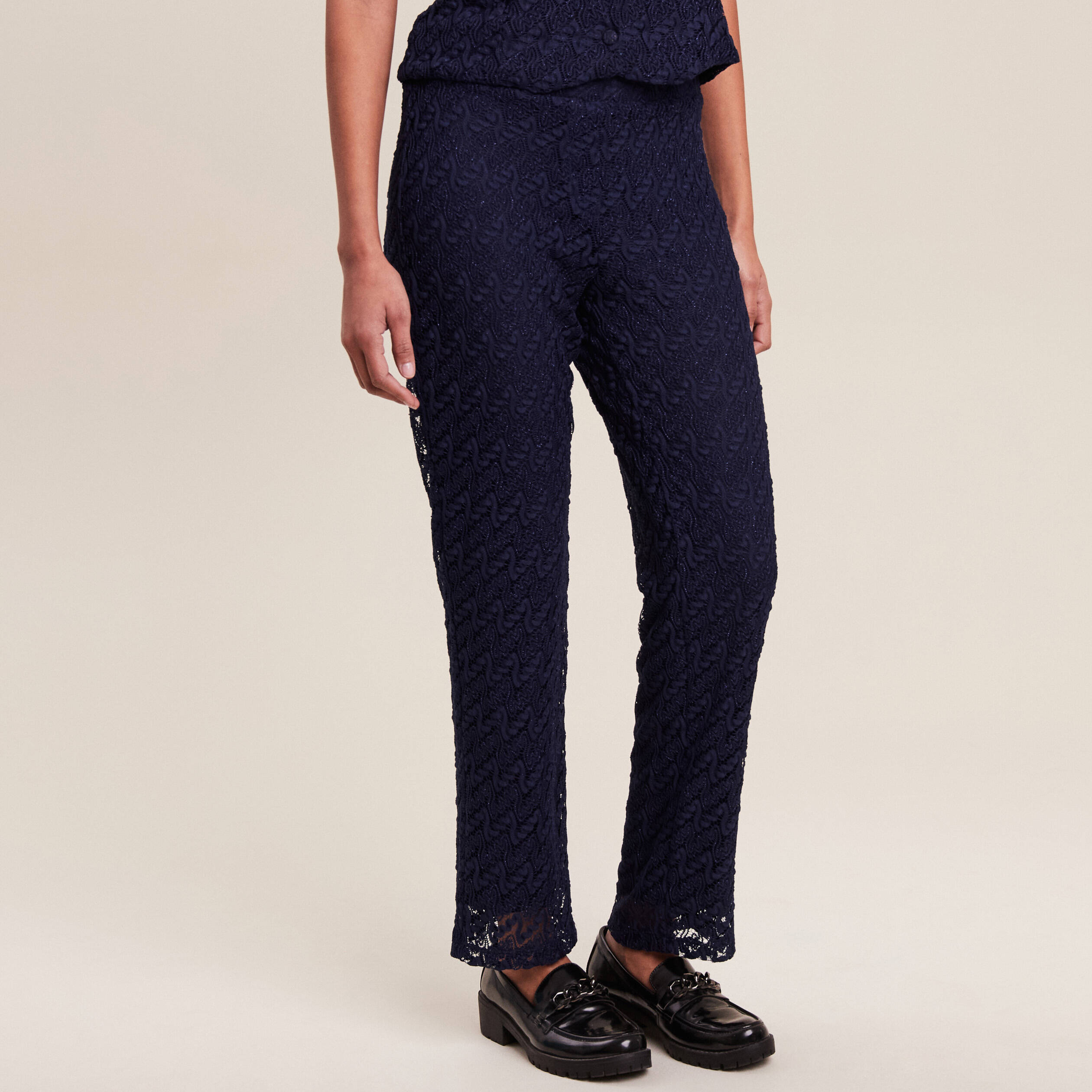 Pantalon flou dentelle 7/8ème bleu foncé femme