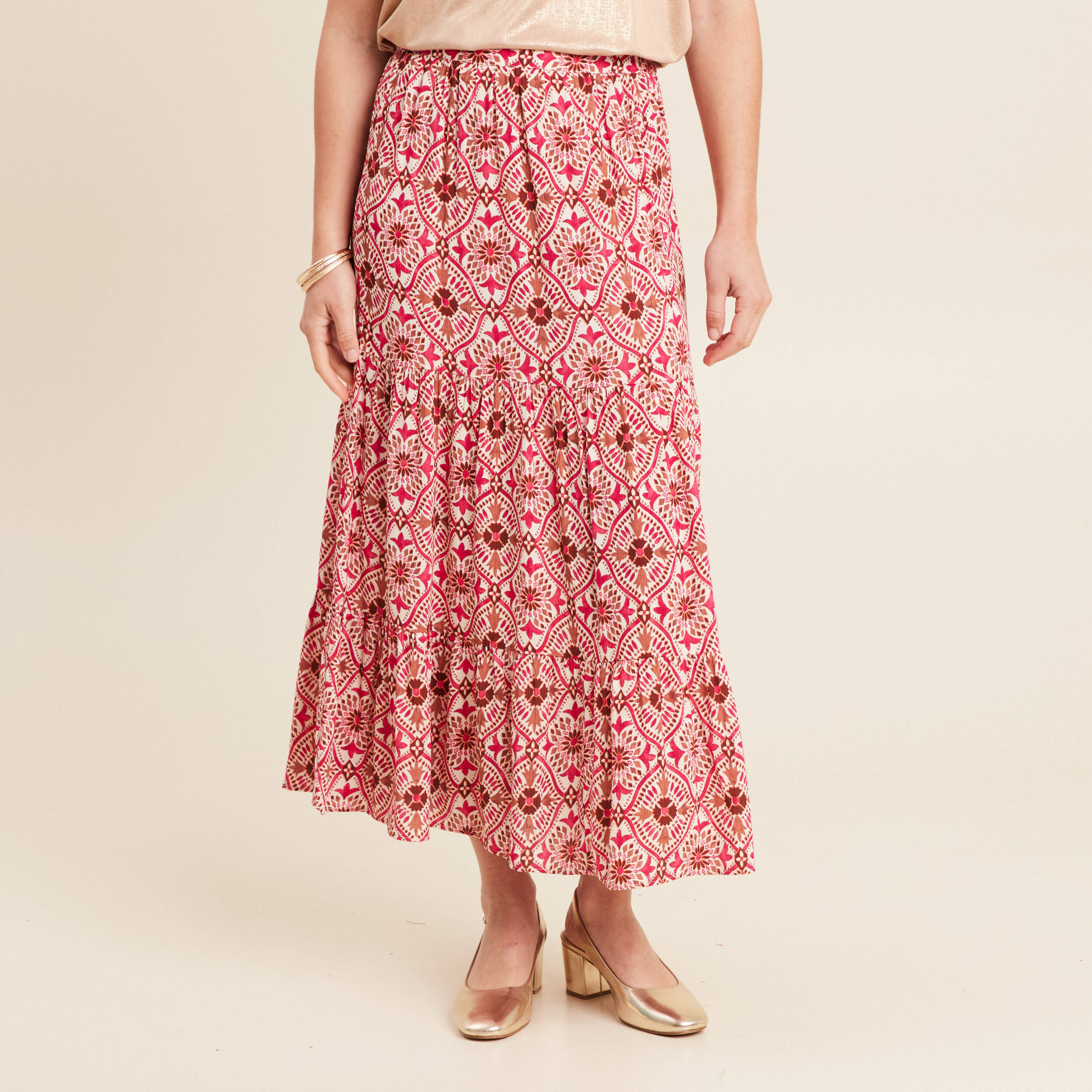 jupe midi droite fluide rose femme Jupe midi droite fluide rose femme