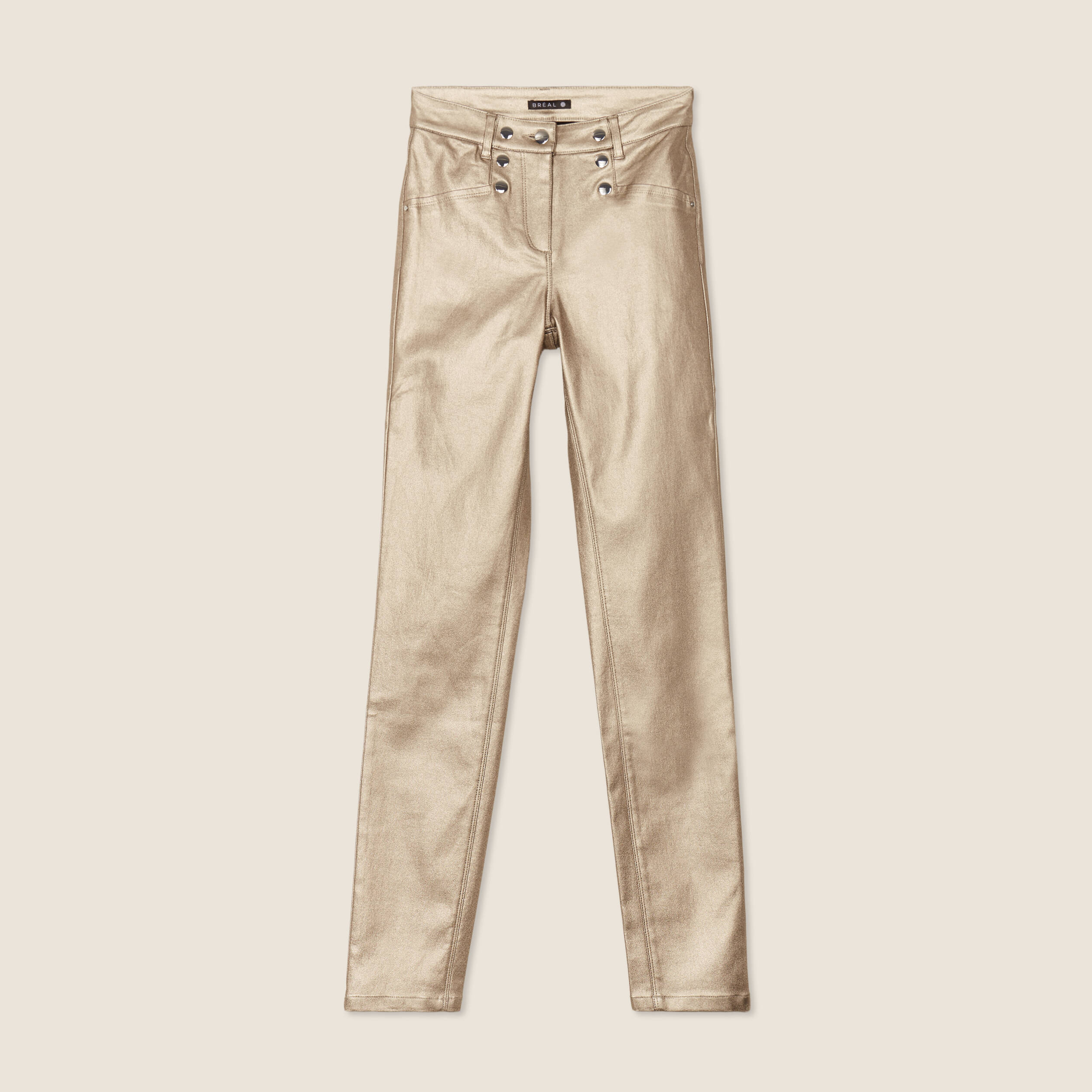 Pantalon ajusté enduit à pont taupe femme