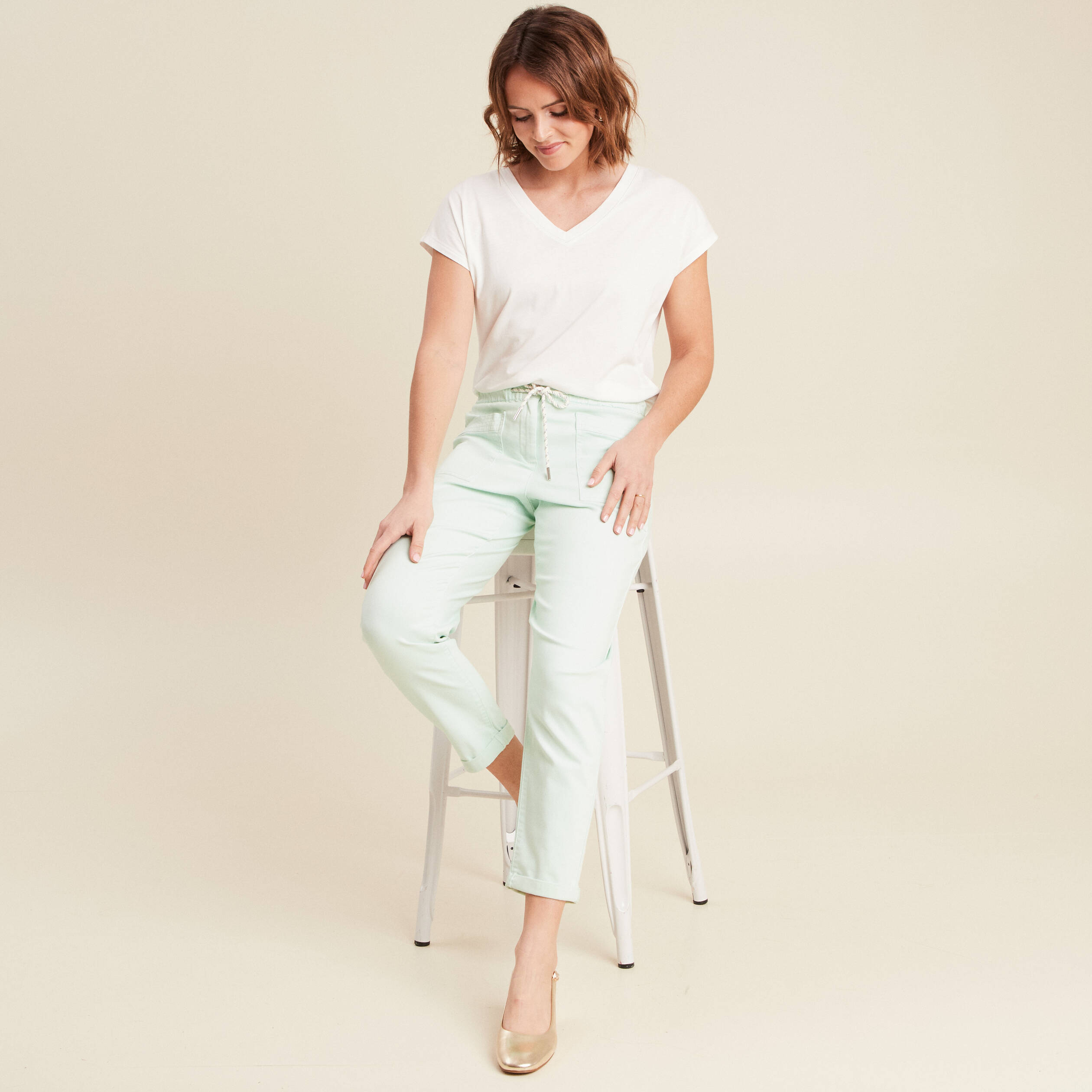 Pantalon coupe droite à coulisse vert clair femme
