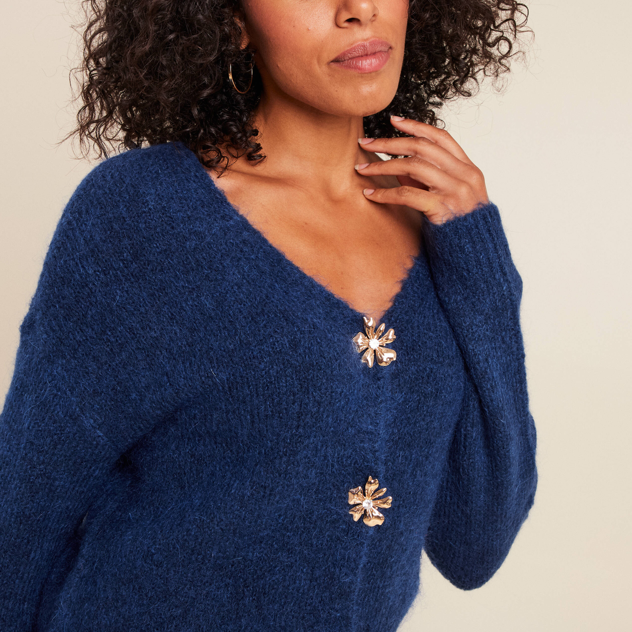 Gilet droit mi-long manches longues bleu marine femme Bréal