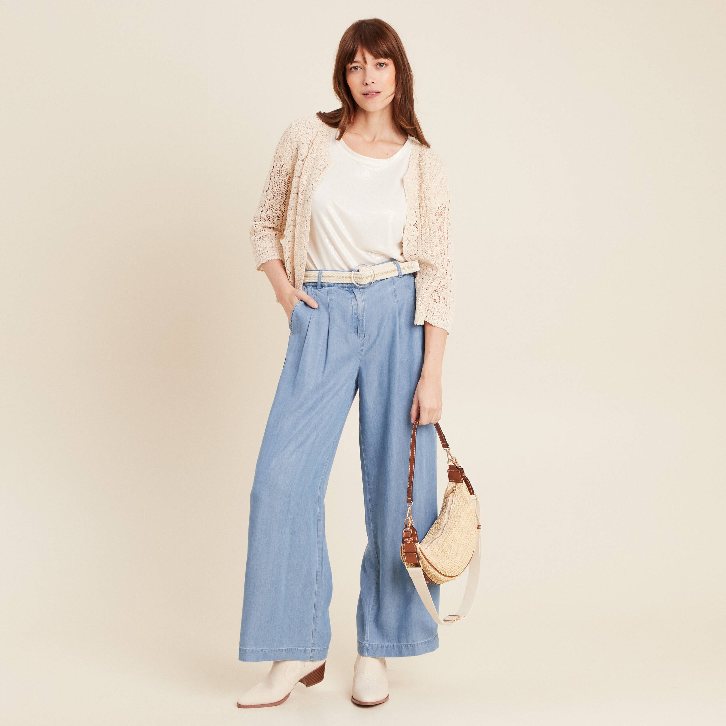 Pantalon large taille haute denim double stone femme