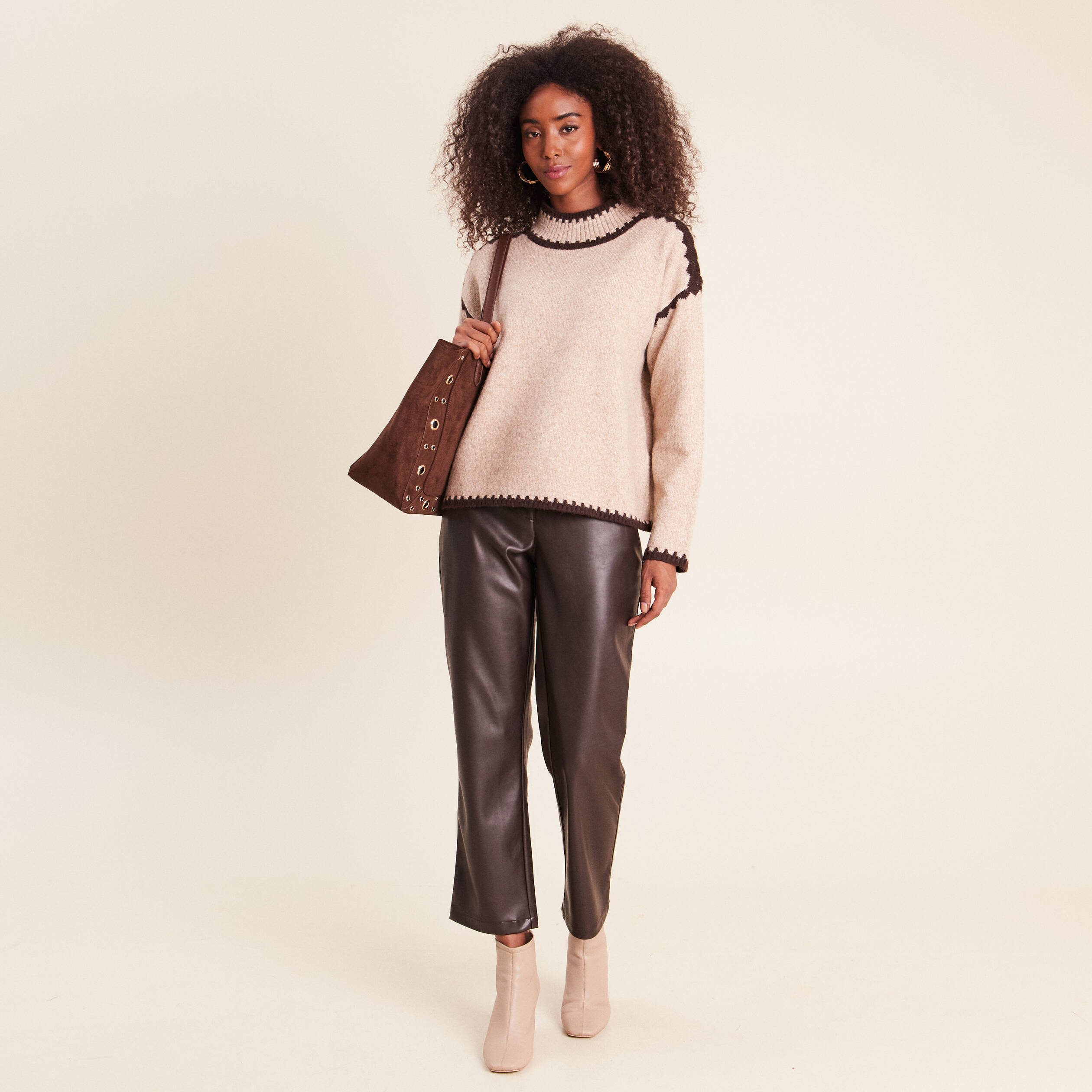 Pantalon droit 7/8&egrave;me taille bascul&eacute;e marron fonc&eacute; femme