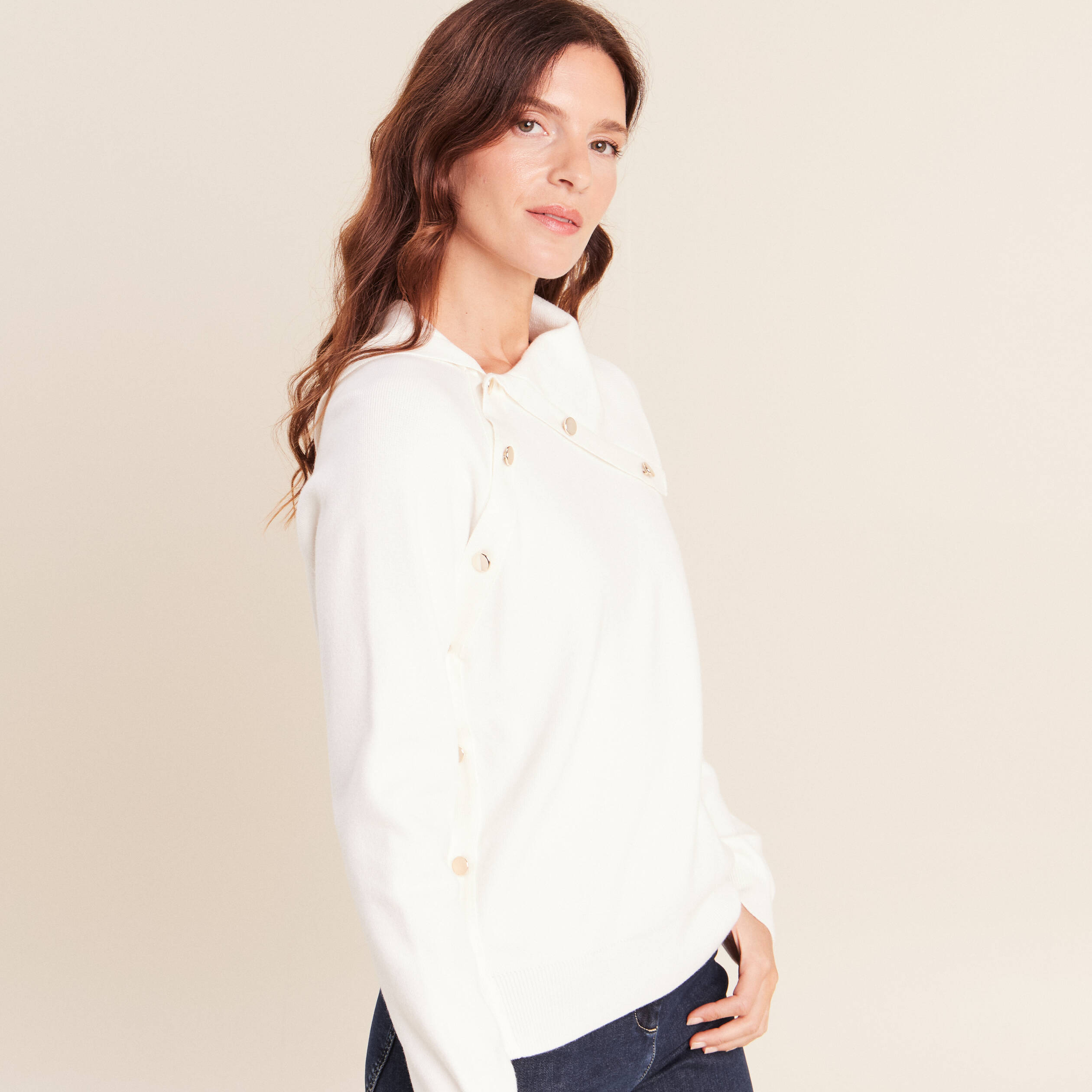 Pull droit col montant manches longues ecru femme