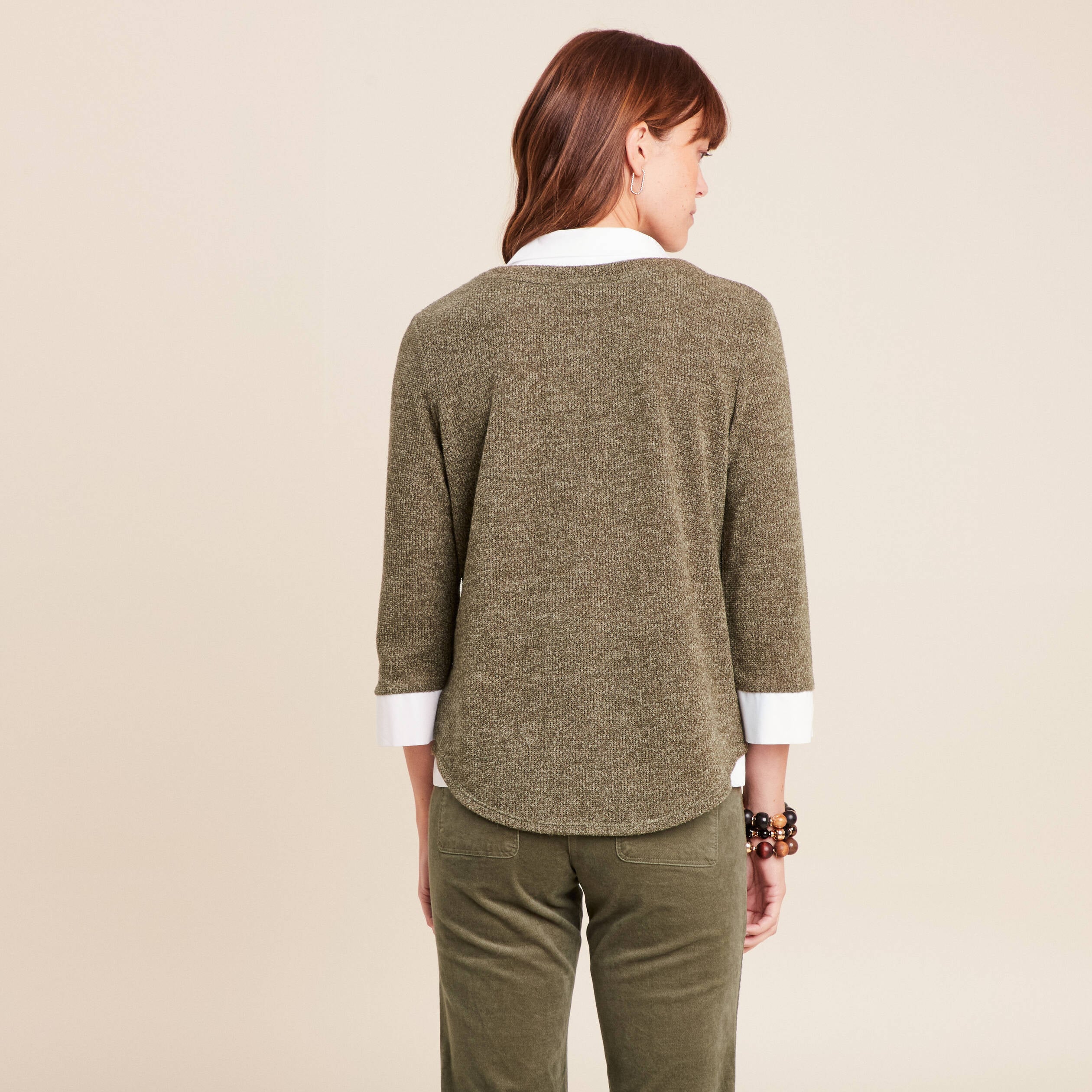 T-shirt col chemise manches 3/4 vert kaki femme