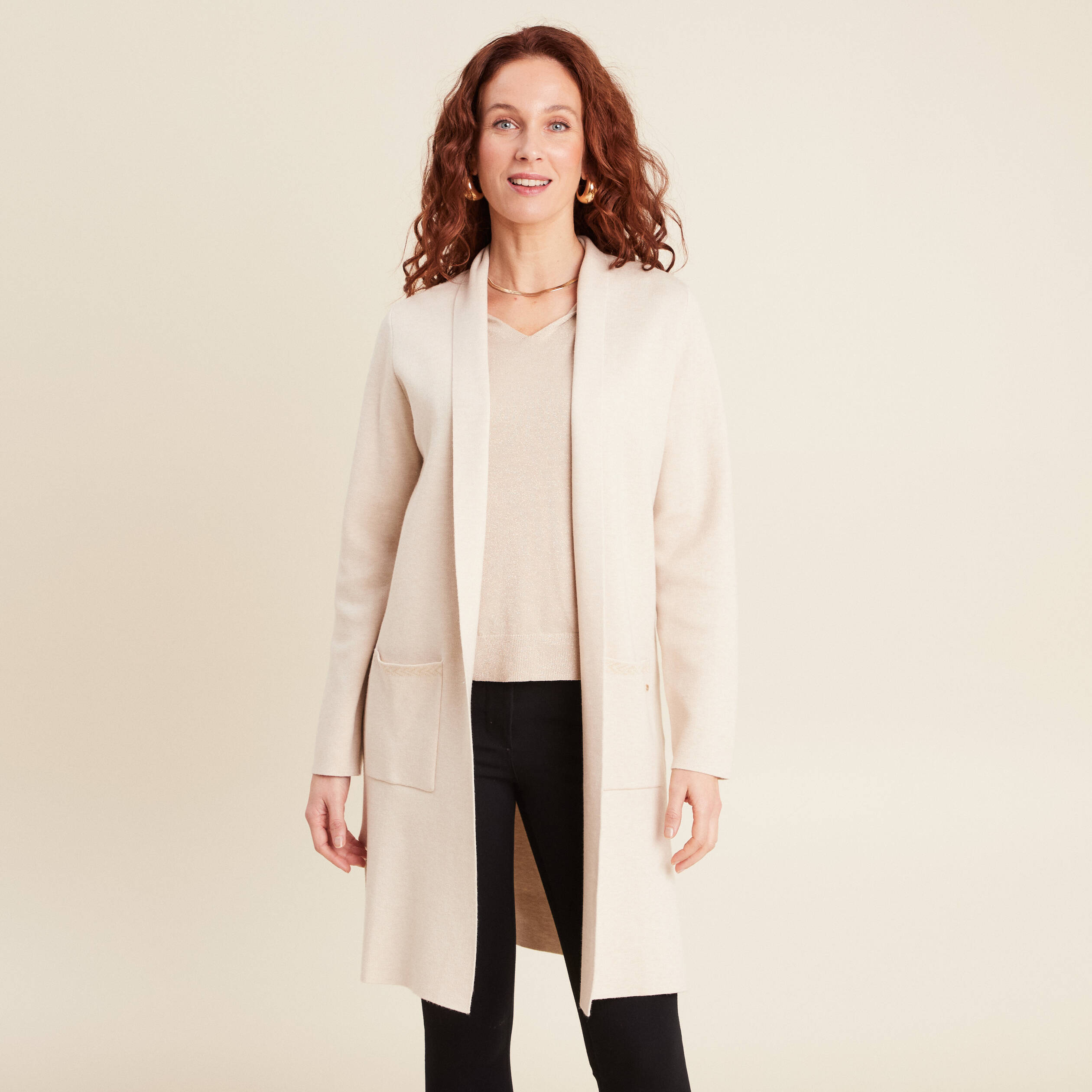 Gilet long manches longues creme femme
