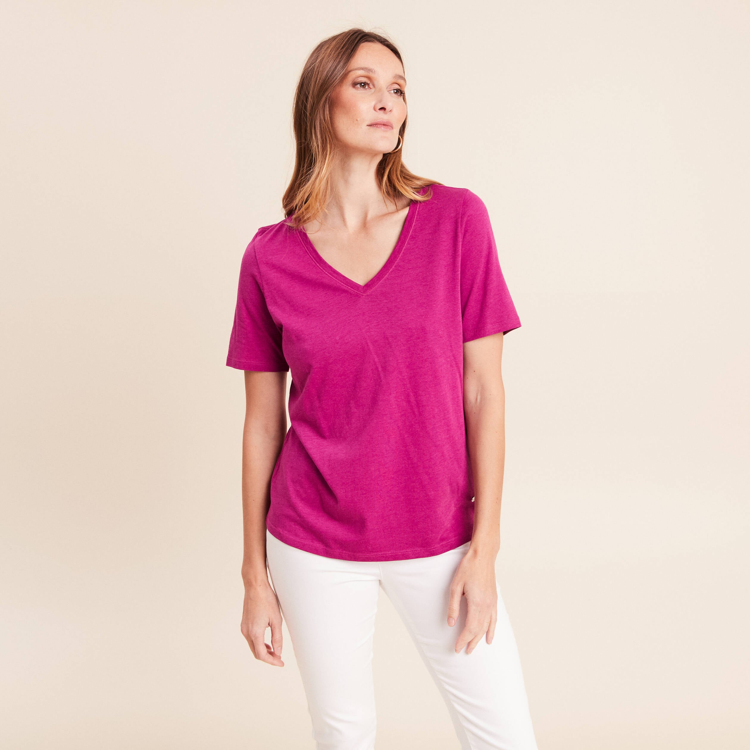 T-shirt col v manches courtes violet femme