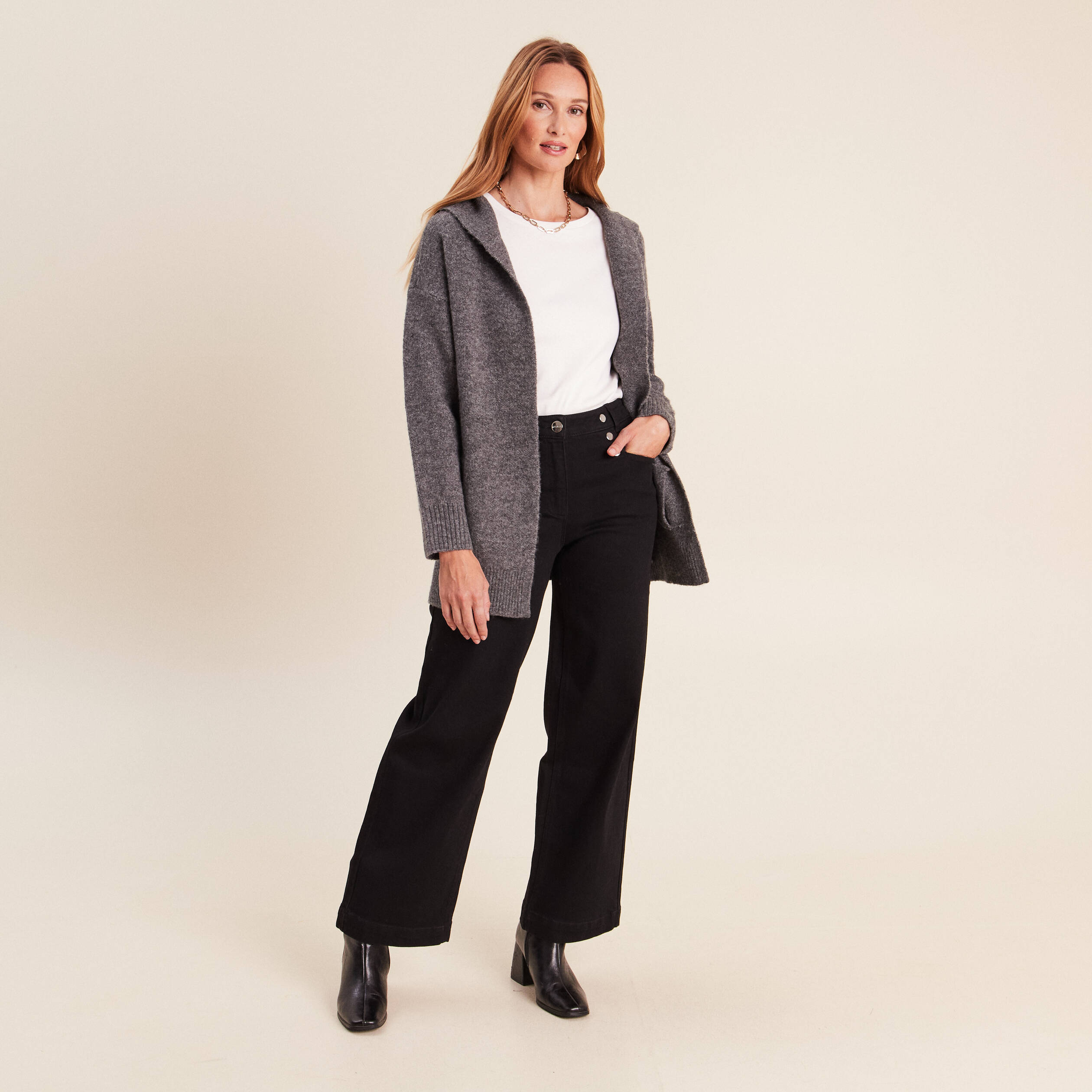 Gilet droit long gris fonc&eacute; femme