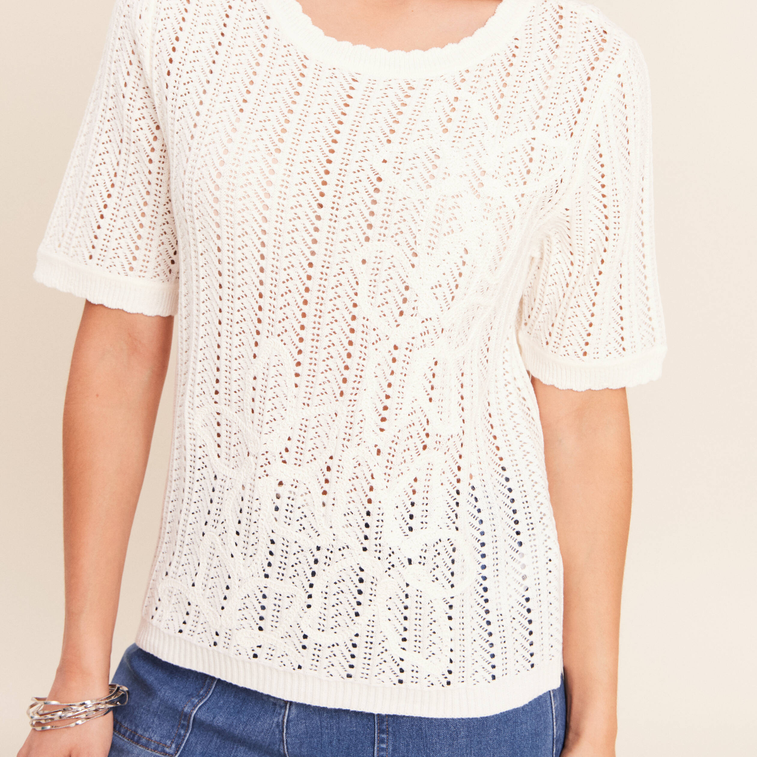 Pull ajour&eacute; col rond ecru femme