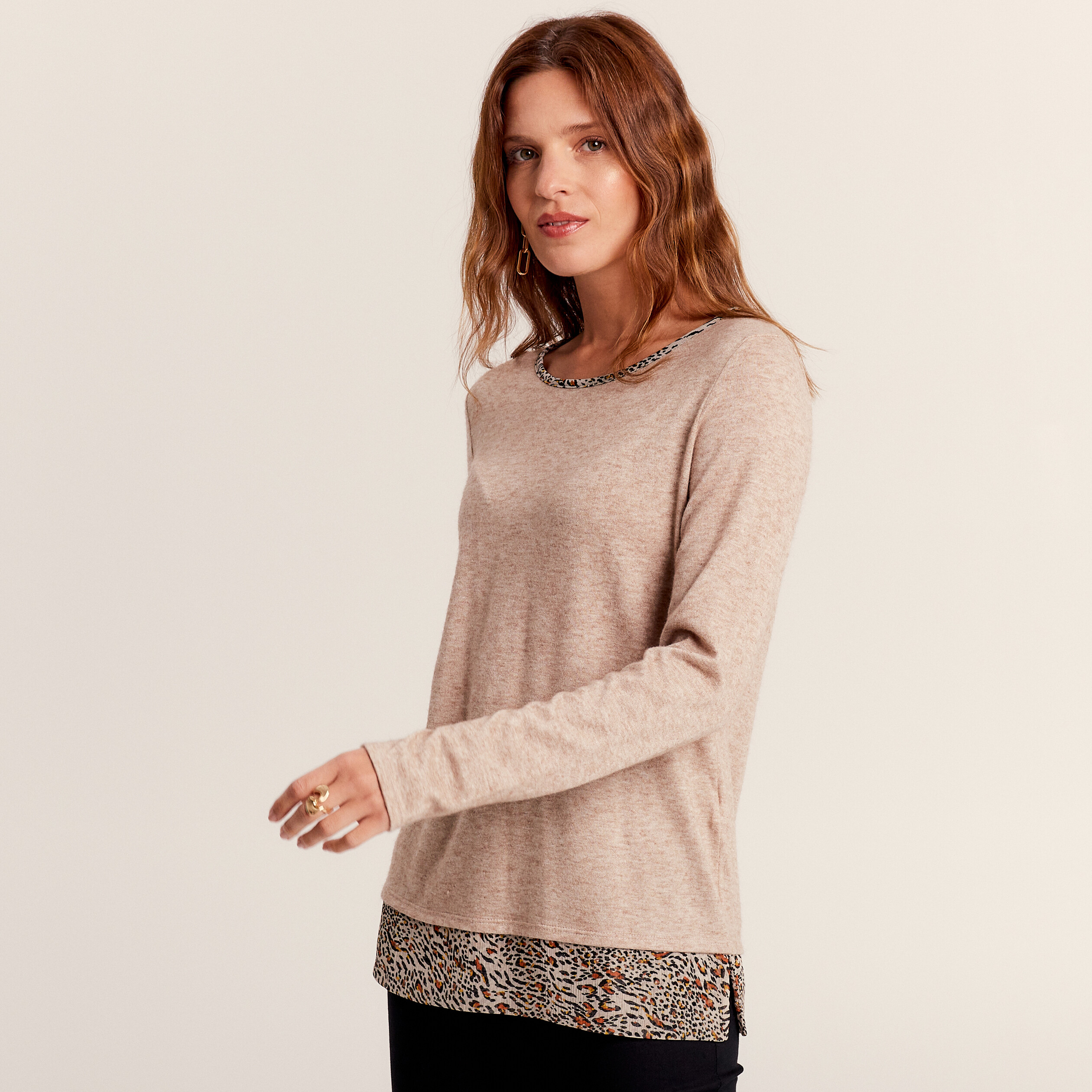 Tee shirt manche top longue beige femme