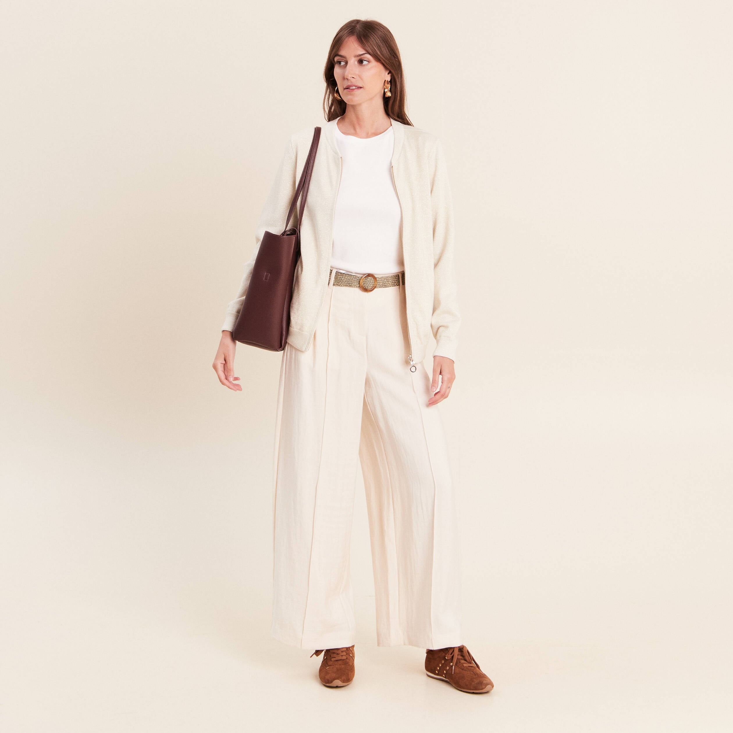 Pantalon large avec ceinture amovible ivoire femme