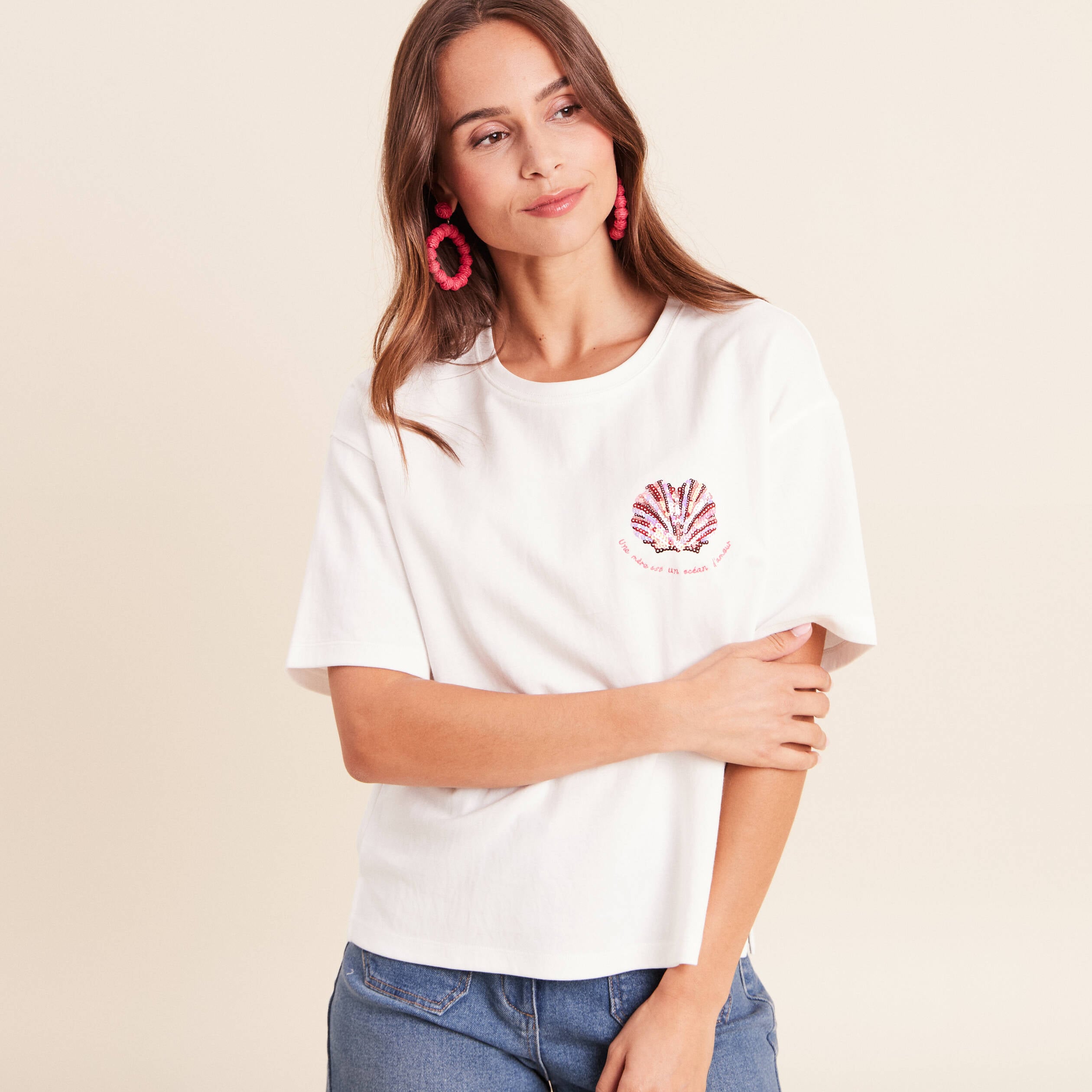T-shirt col rond manches courtes sequins ecru femme