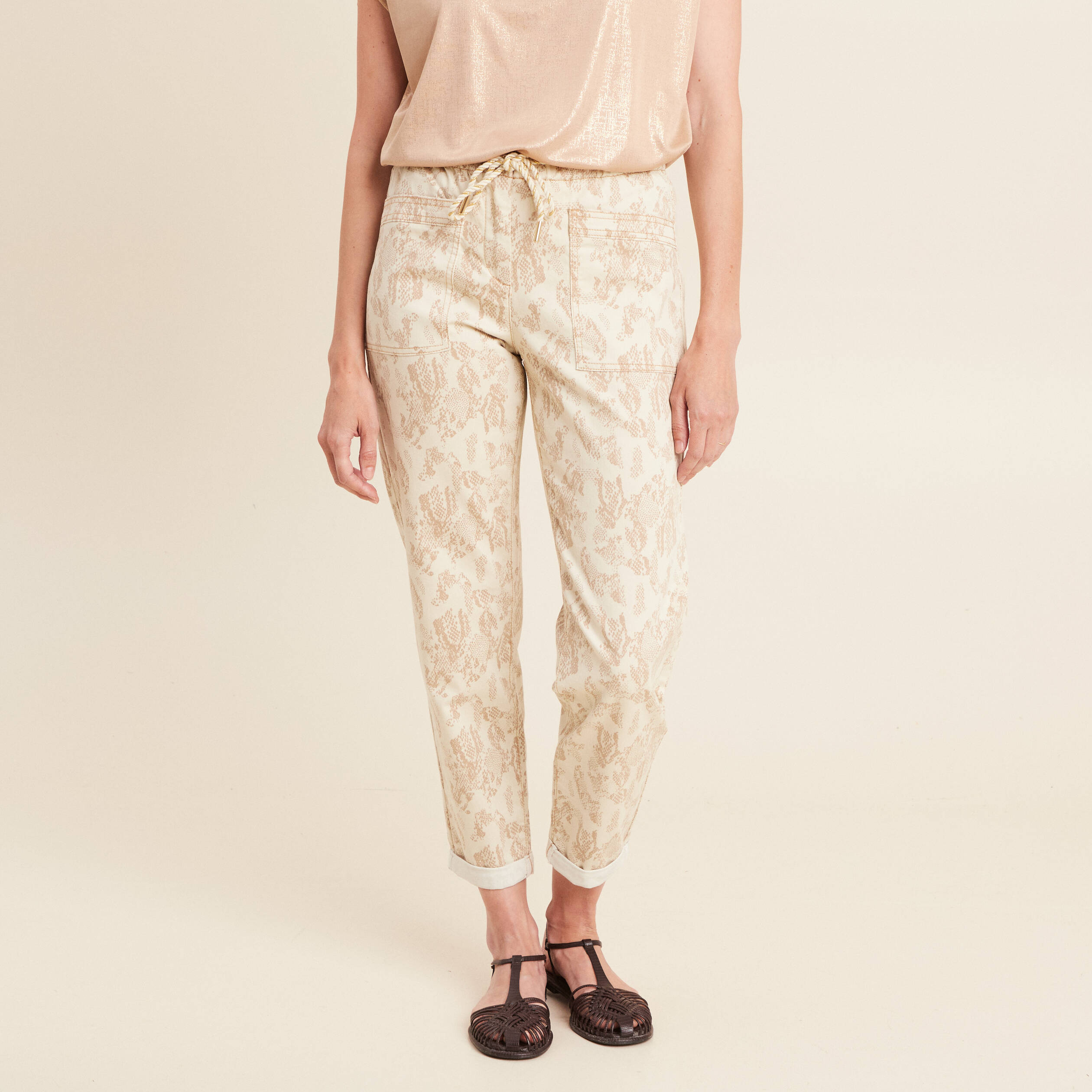Pantalon paperbag 7/8ème beige femme