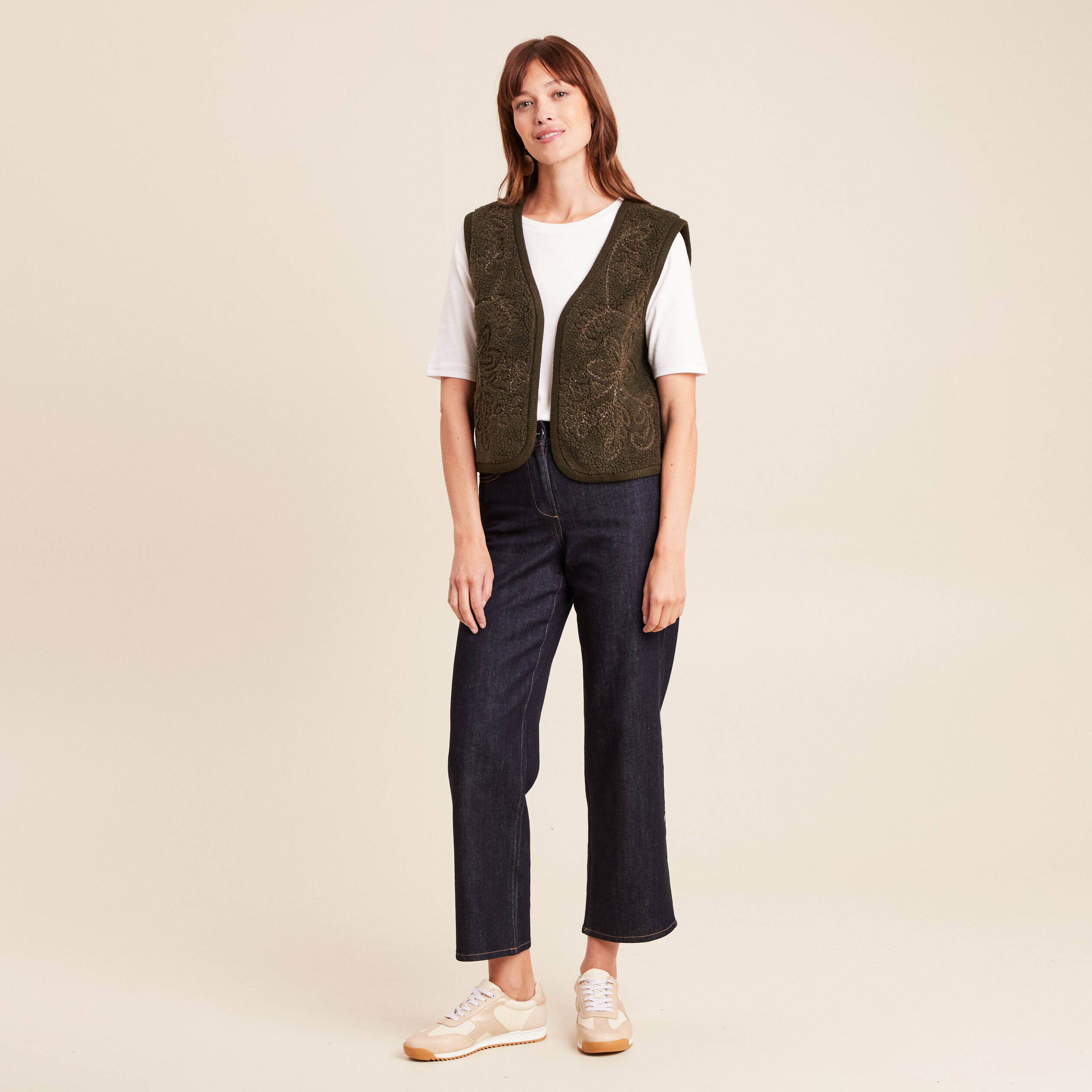 Gilet sans manches sans col vert kaki femme Bréal