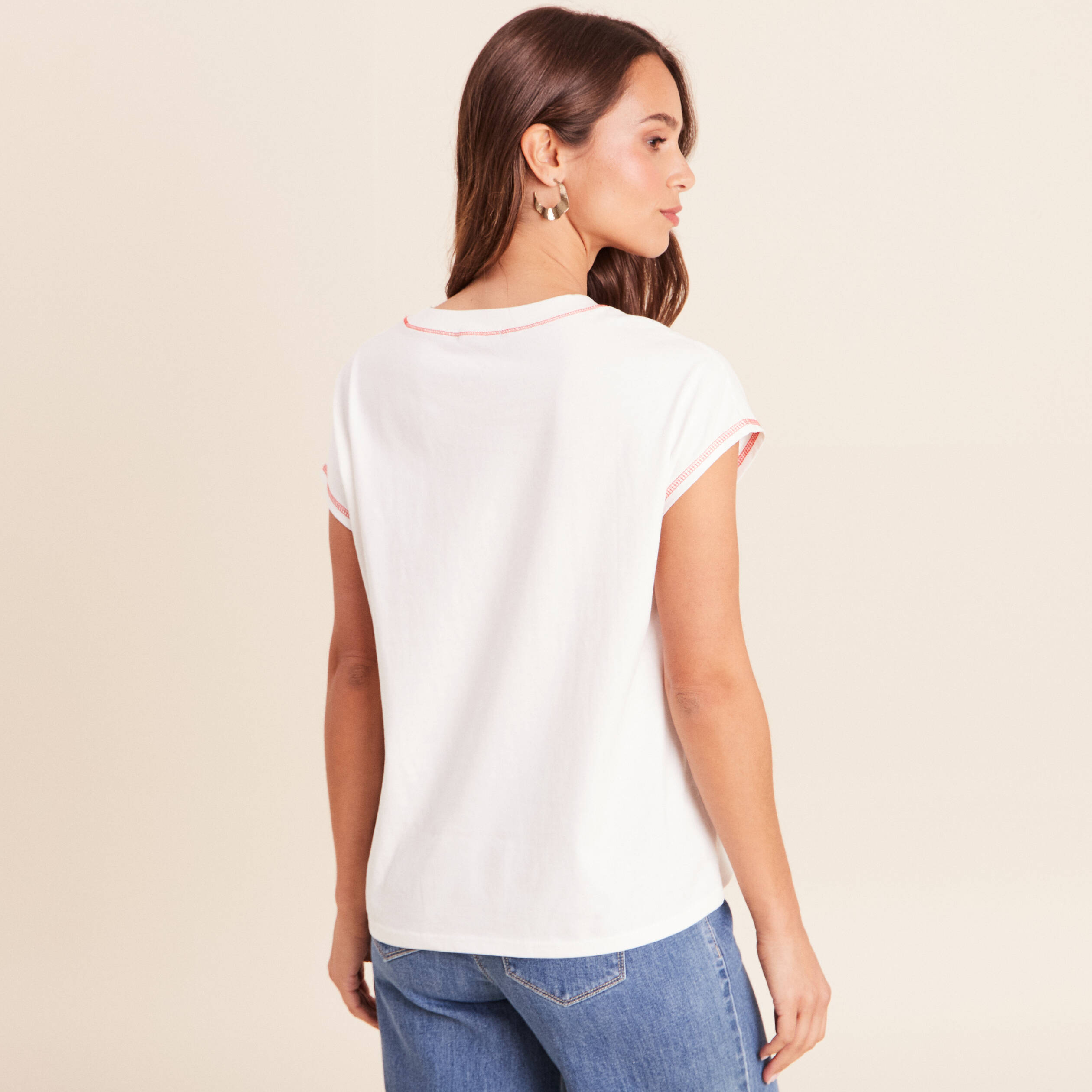 T-shirt col rond manches courtes ecru femme