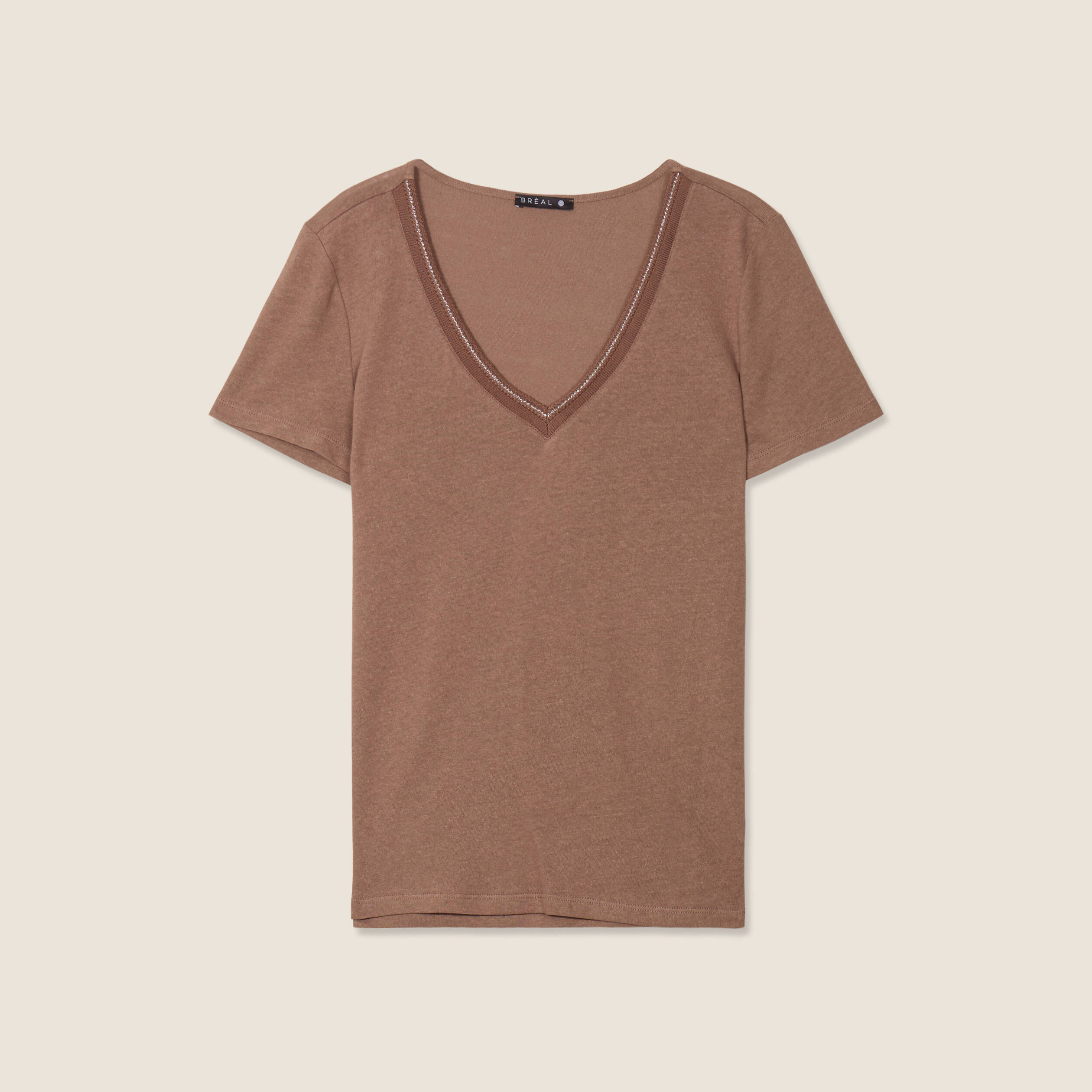 T-shirt manches courtes col en V marron cognac femme