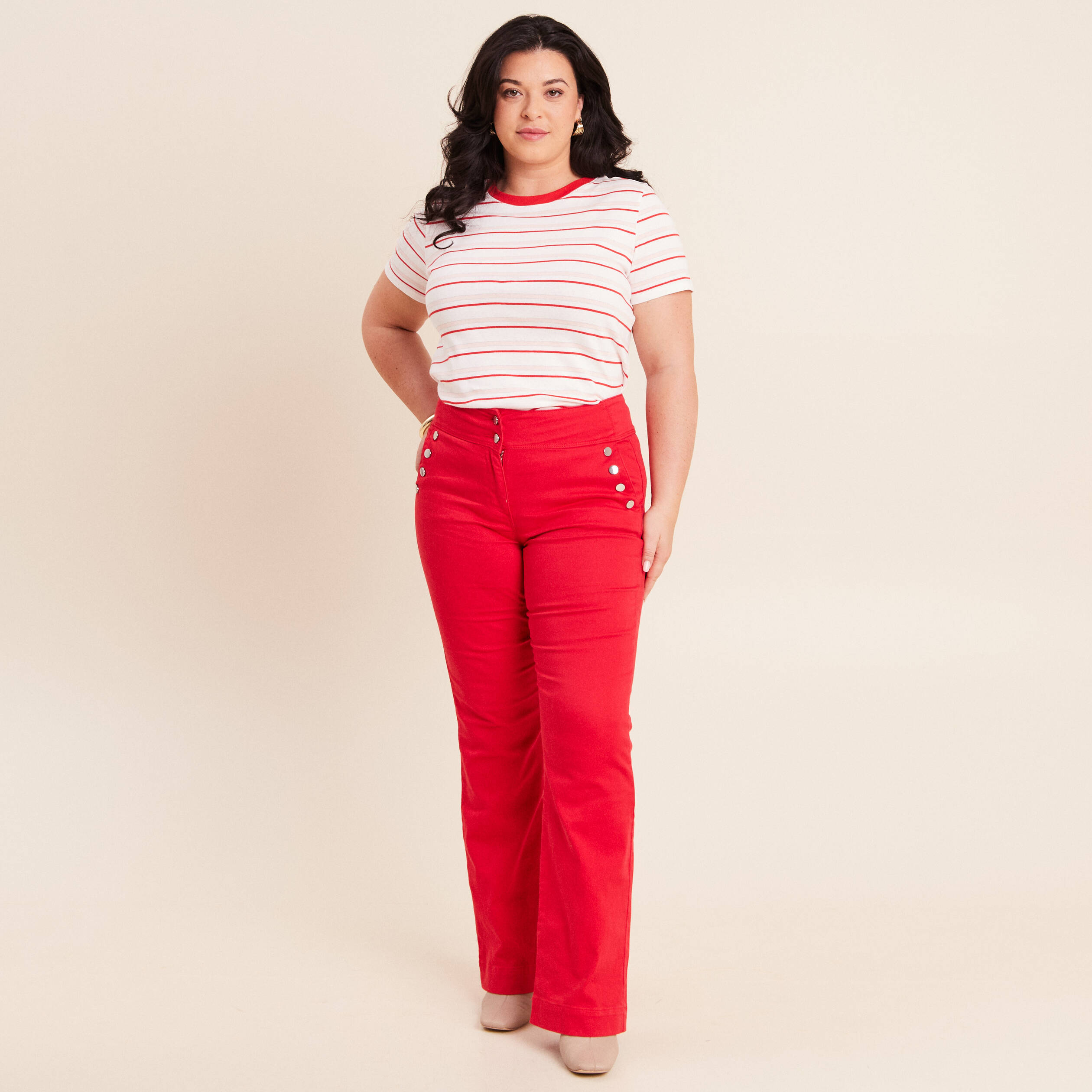 Pantalon coupe bootcut &agrave; pont rouge fluo femme