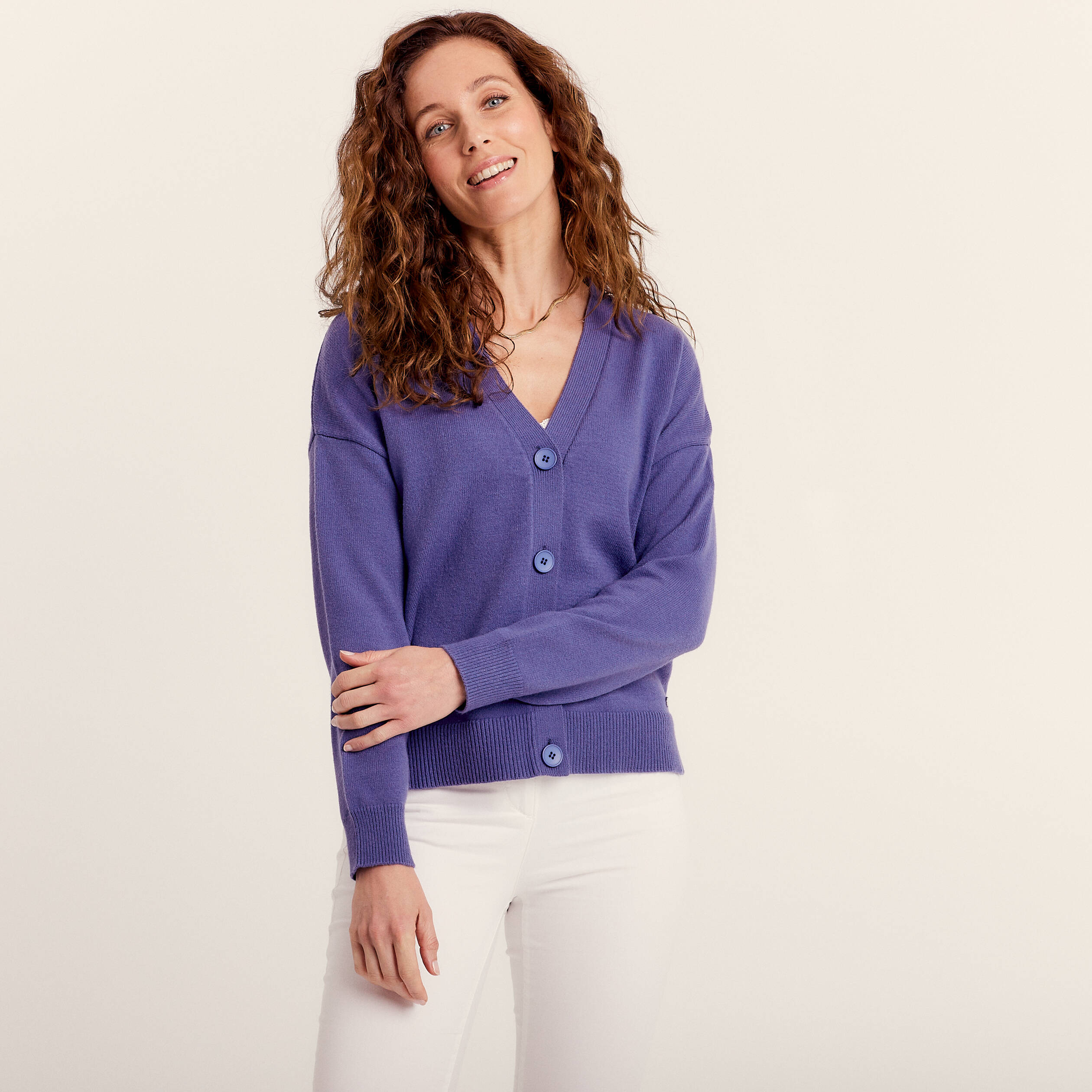 Gilet manches longues col en V violet femme