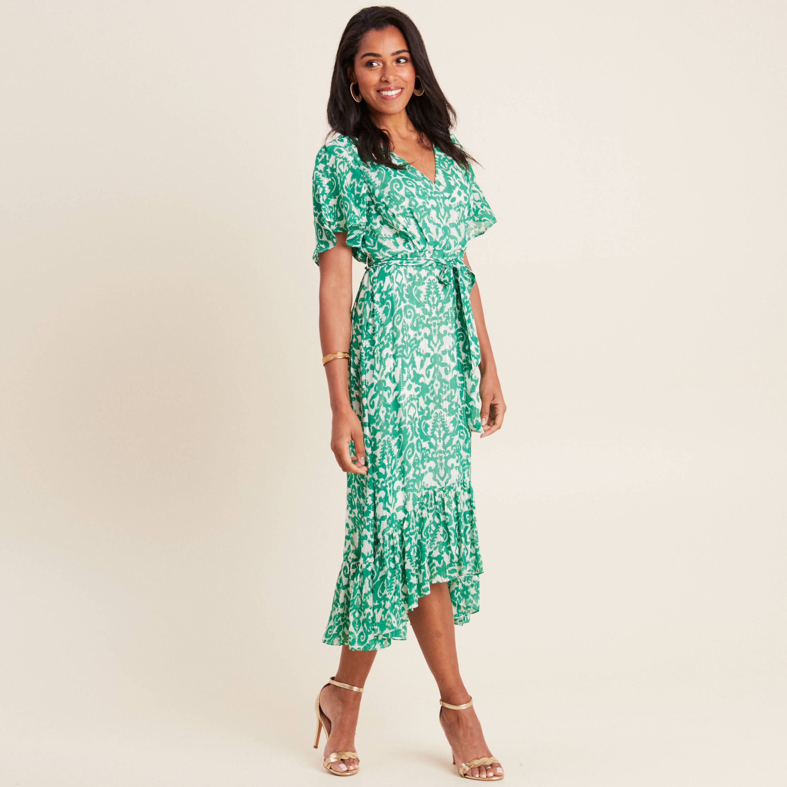 Robe longue évasée fluide vert femme