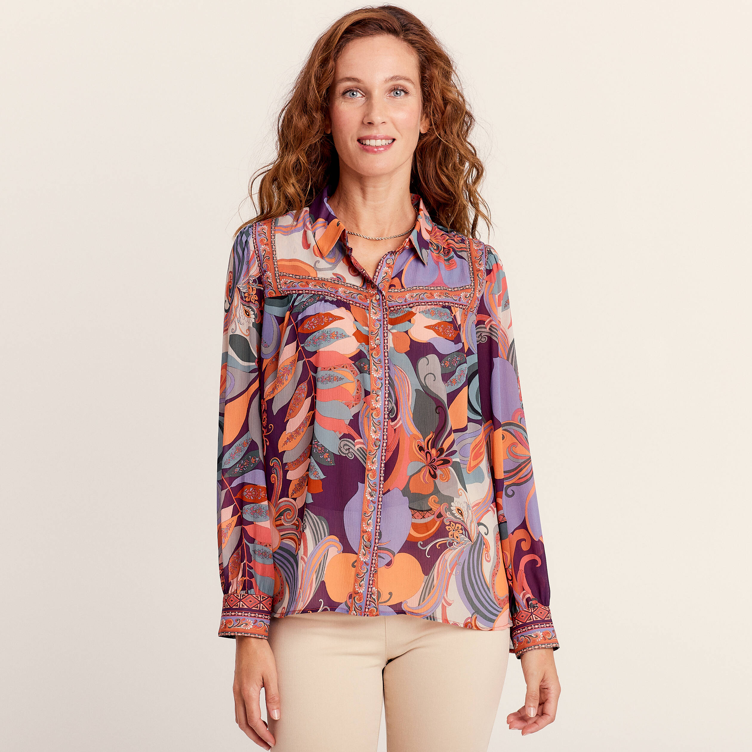 Chemise manches longues fluide orange femme