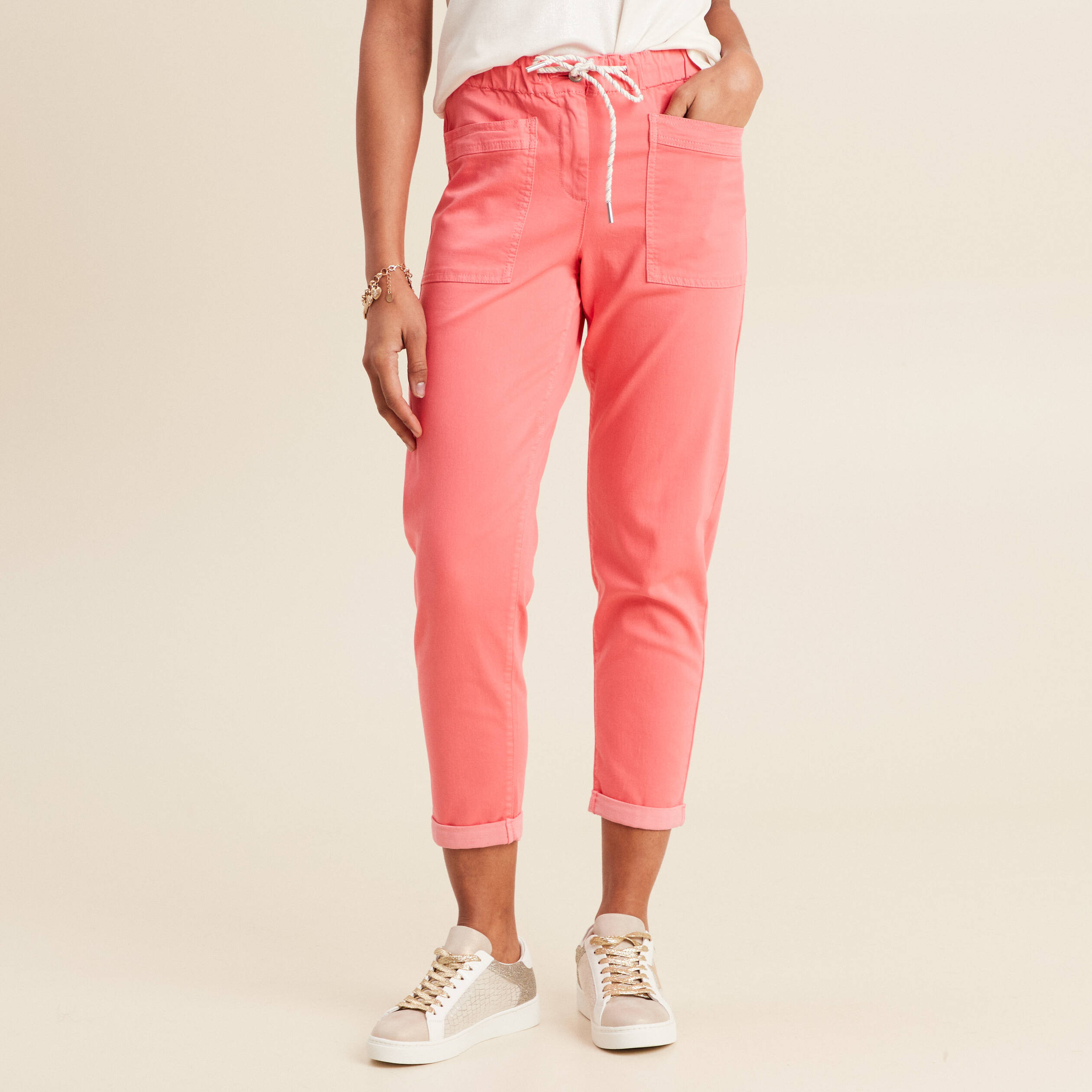 pantalon coupe droite a coulisse rose vif femme Pantalon coupe droite à coulisse rose vif femme